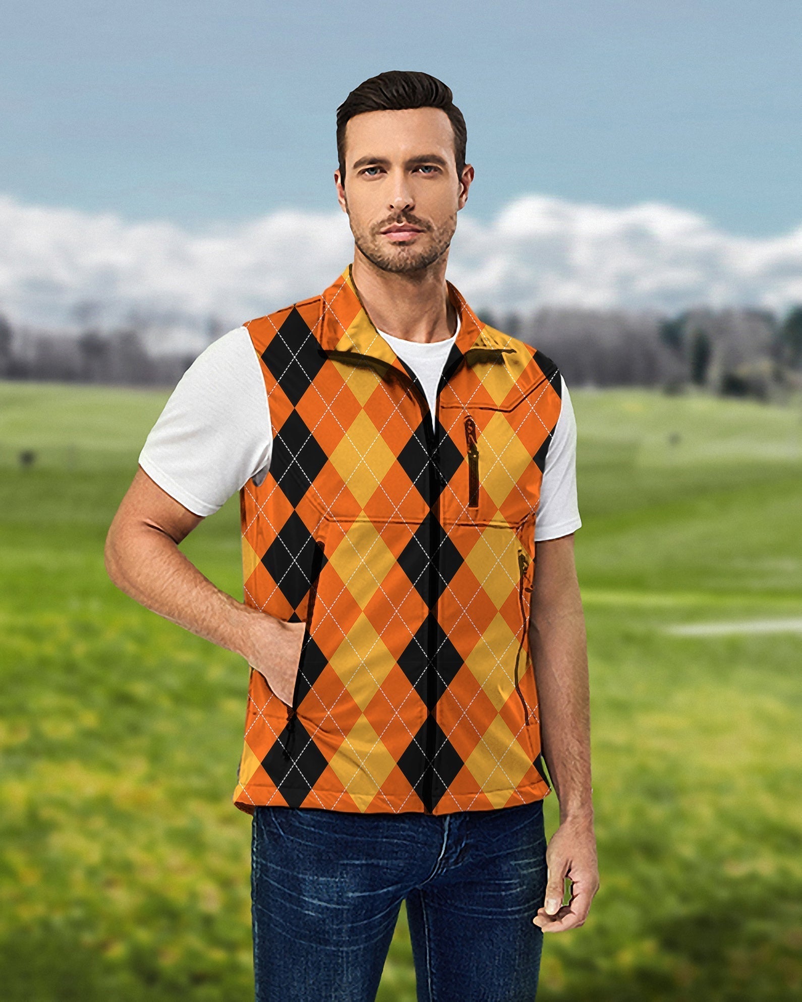 Men's Halloween black yellow orange argyle lightweight softshell sleeveless vest jacket for golf outdoors