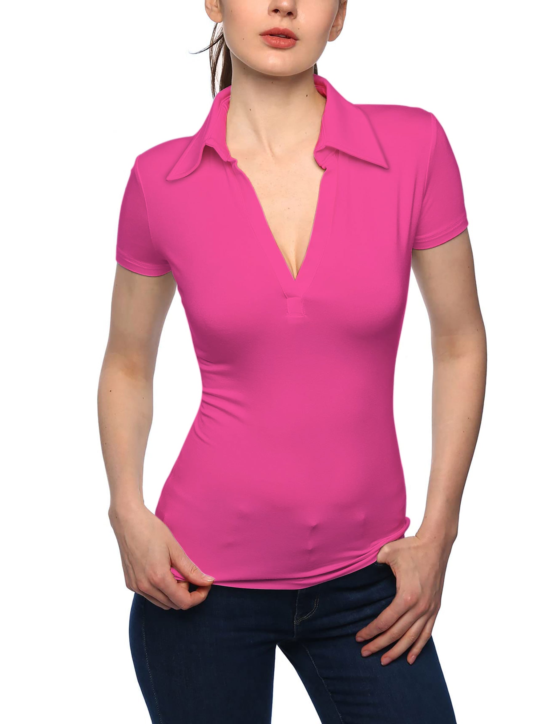 Women's pure fuchsia V Neck Golf Polo