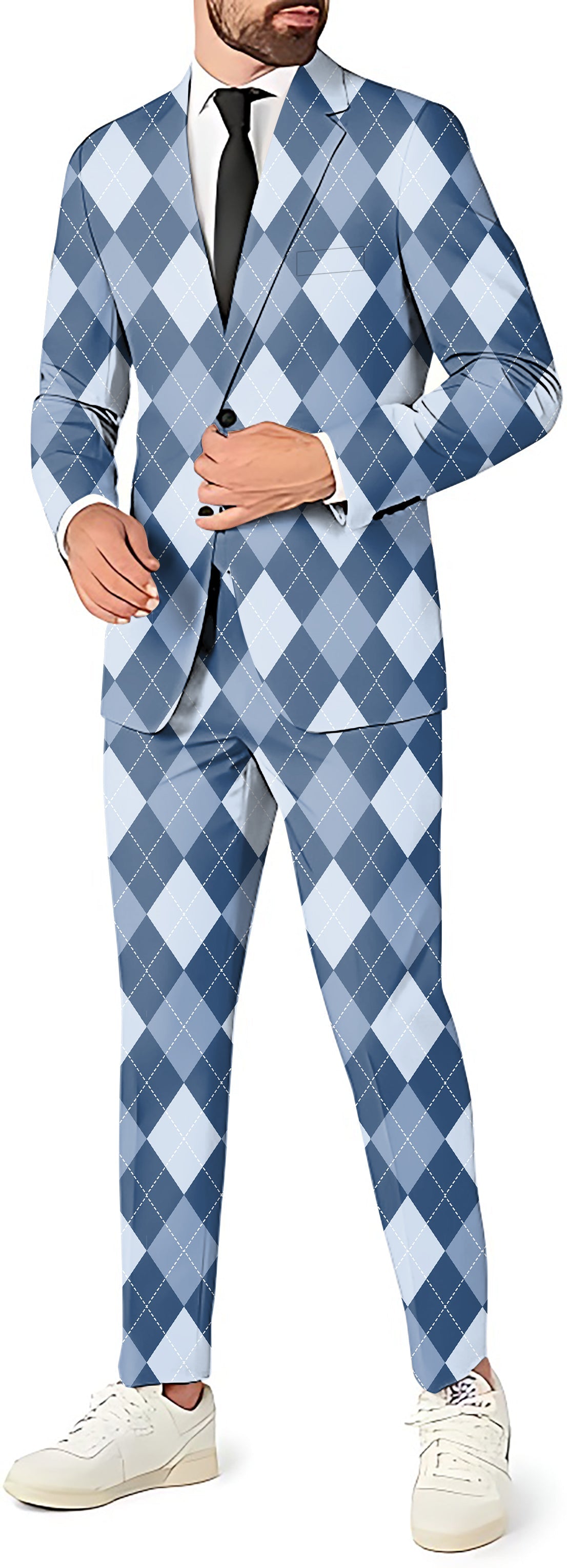 blue Argyle men's three-piece suit set with blazer, vest, and pants for theme parties