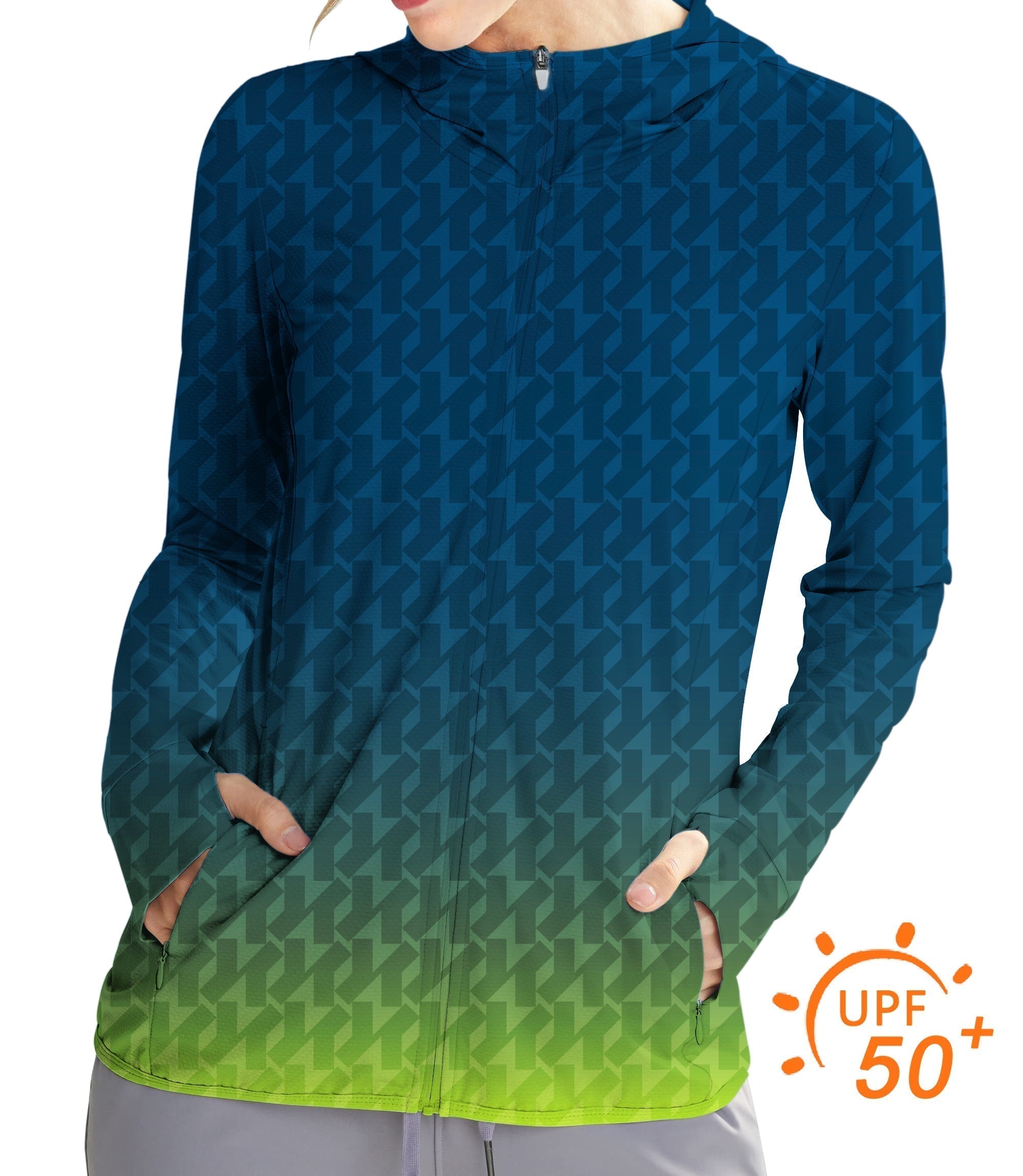 Women's outdoor green gradient sun protection slim fit zip hoodie for sports and golf