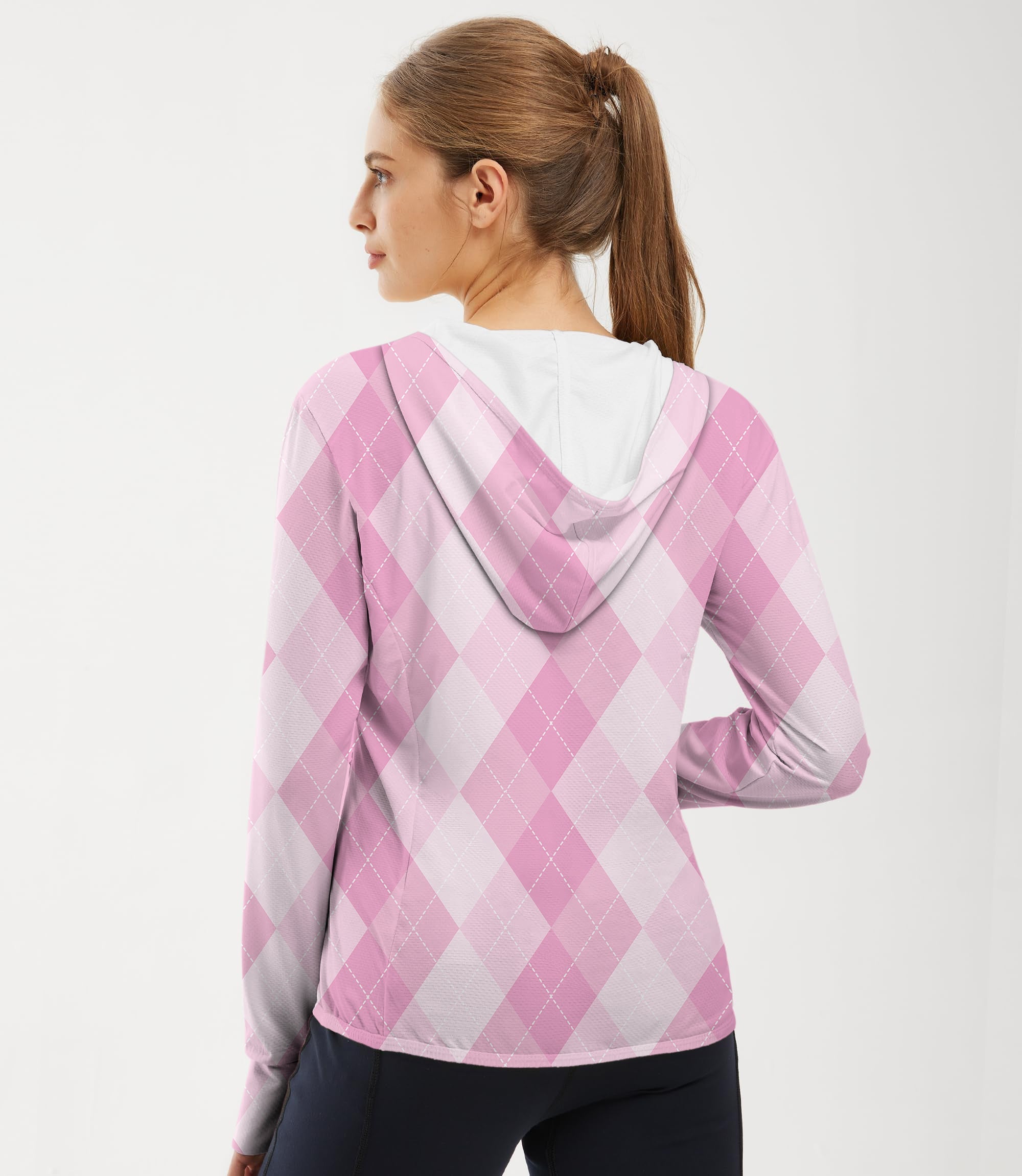 Women's outdoor pink argyle slim fit golf hoodie with UPF 50+ sun protection and thumb holes