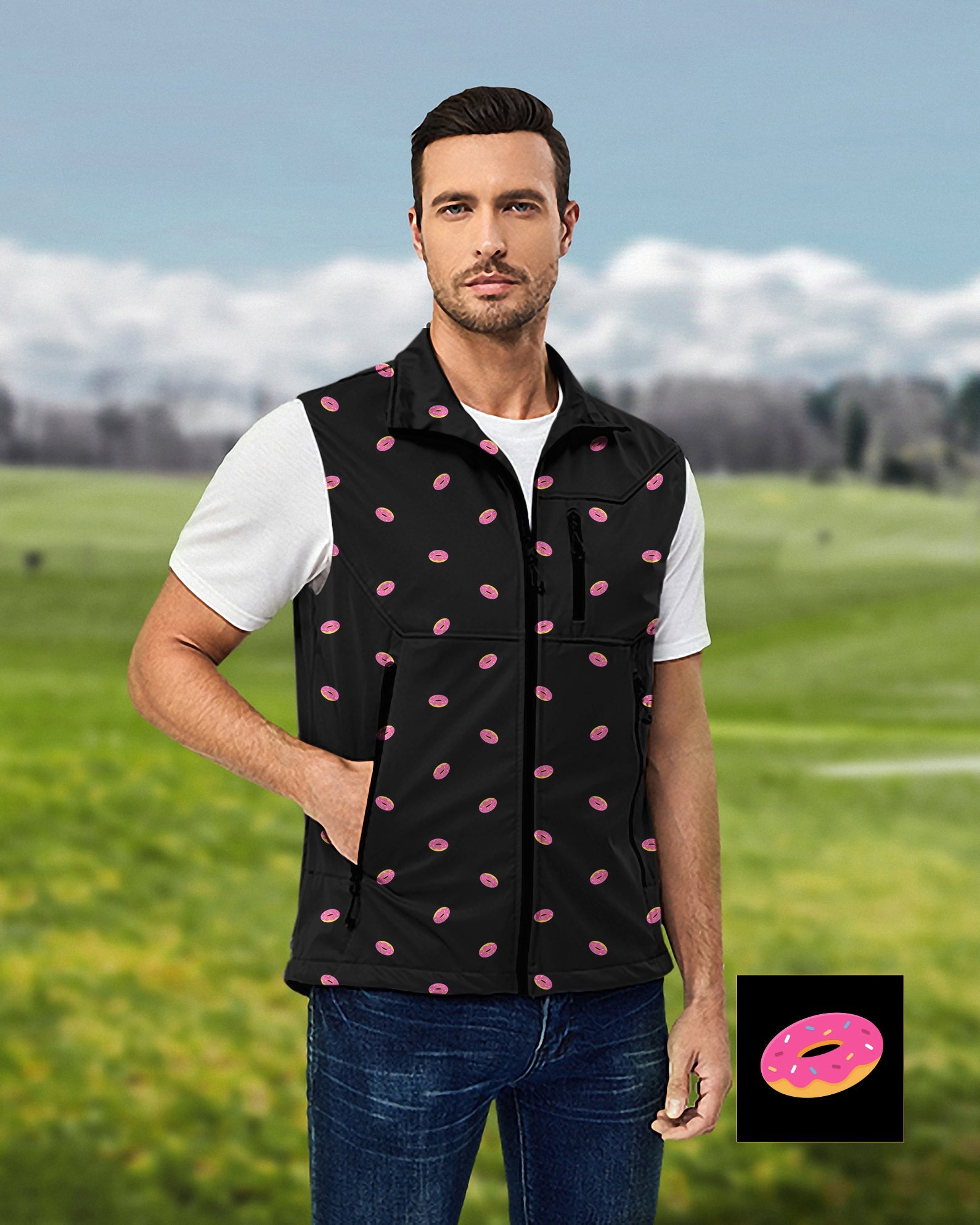 Men's Donut Custom black softshell vest with pink donut pattern, sleeveless and lightweight for golf outdoors