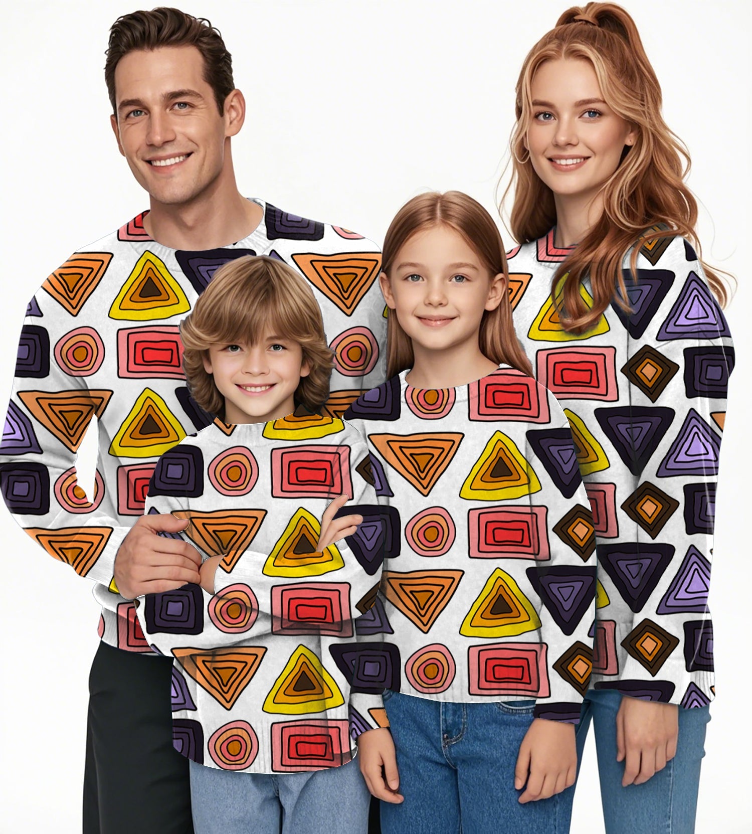 Family wearing colorful triangle tribal pattern crewneck pullovers