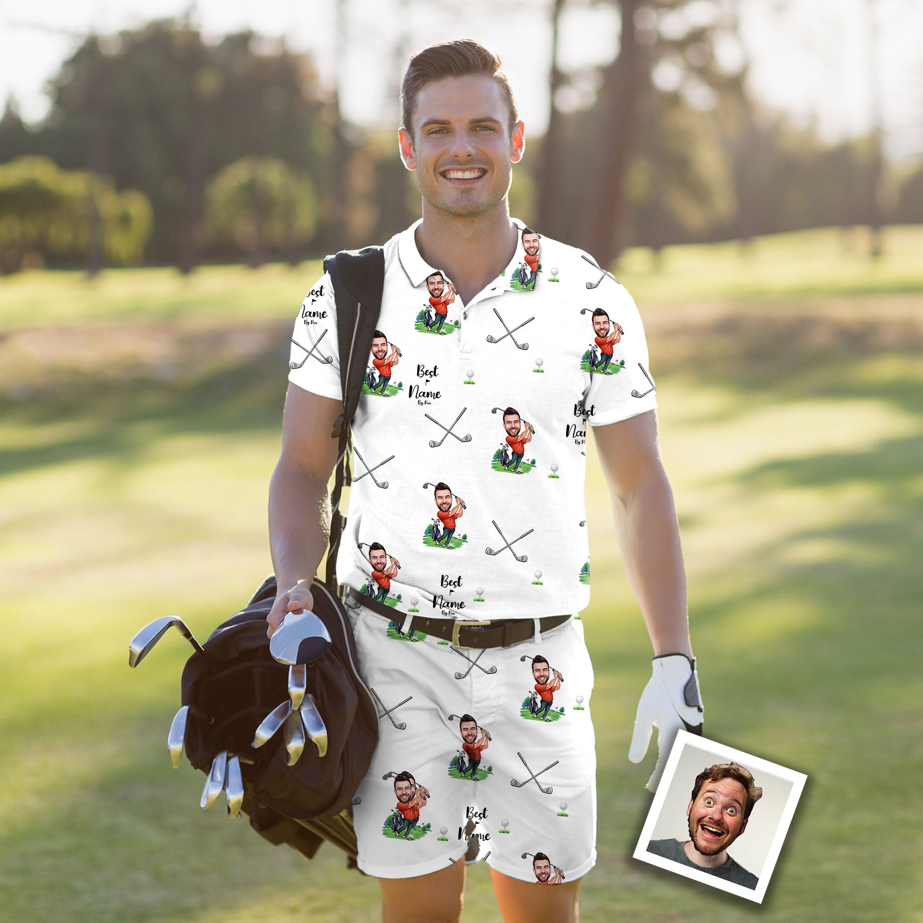 Men's Golf Set Polo+Shorts Custom Photo Face & Name