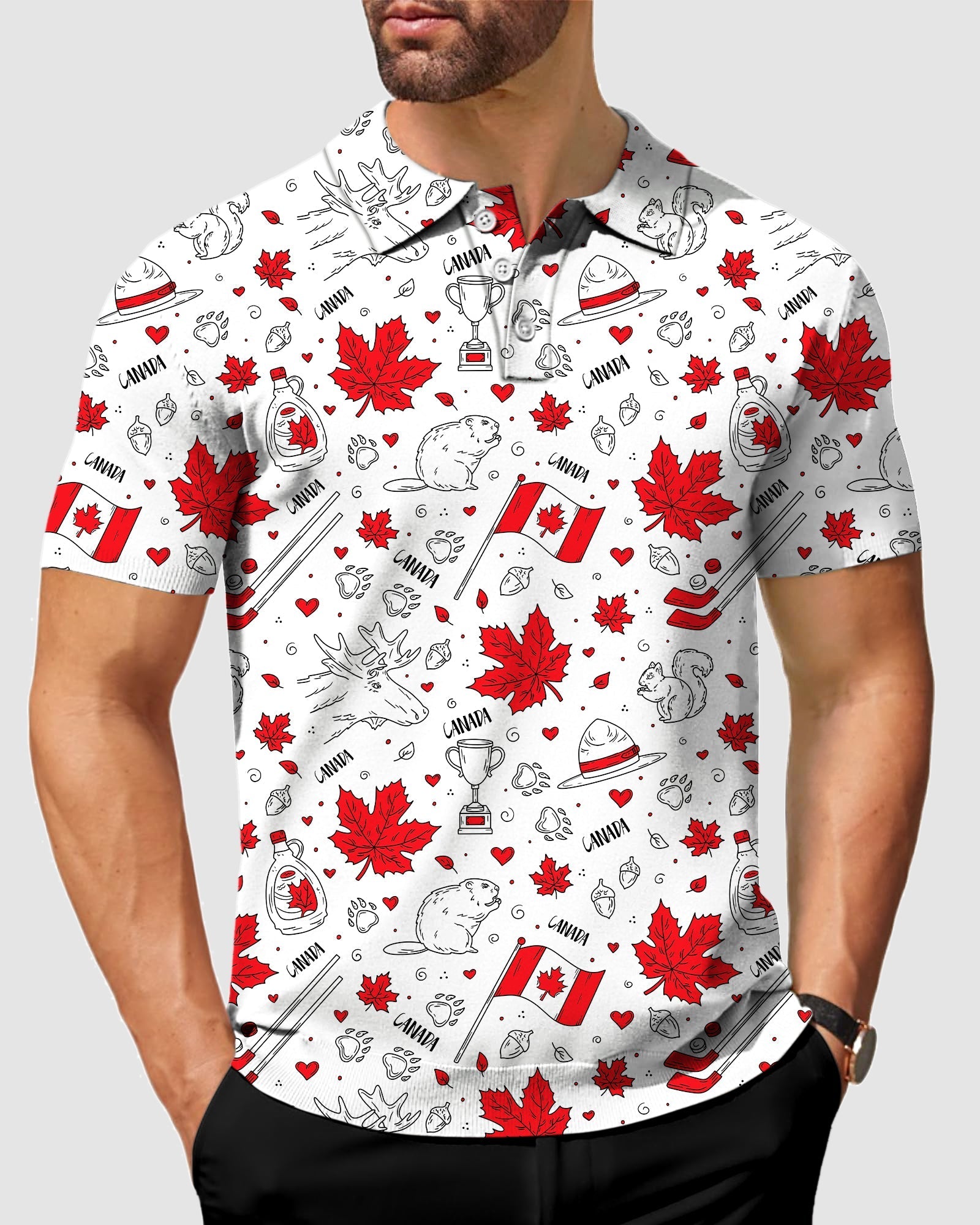 Men's Canadian Balloon squirrel and maple leaves pattern white polo shirt with four-way stretch and UPF 40+ protection