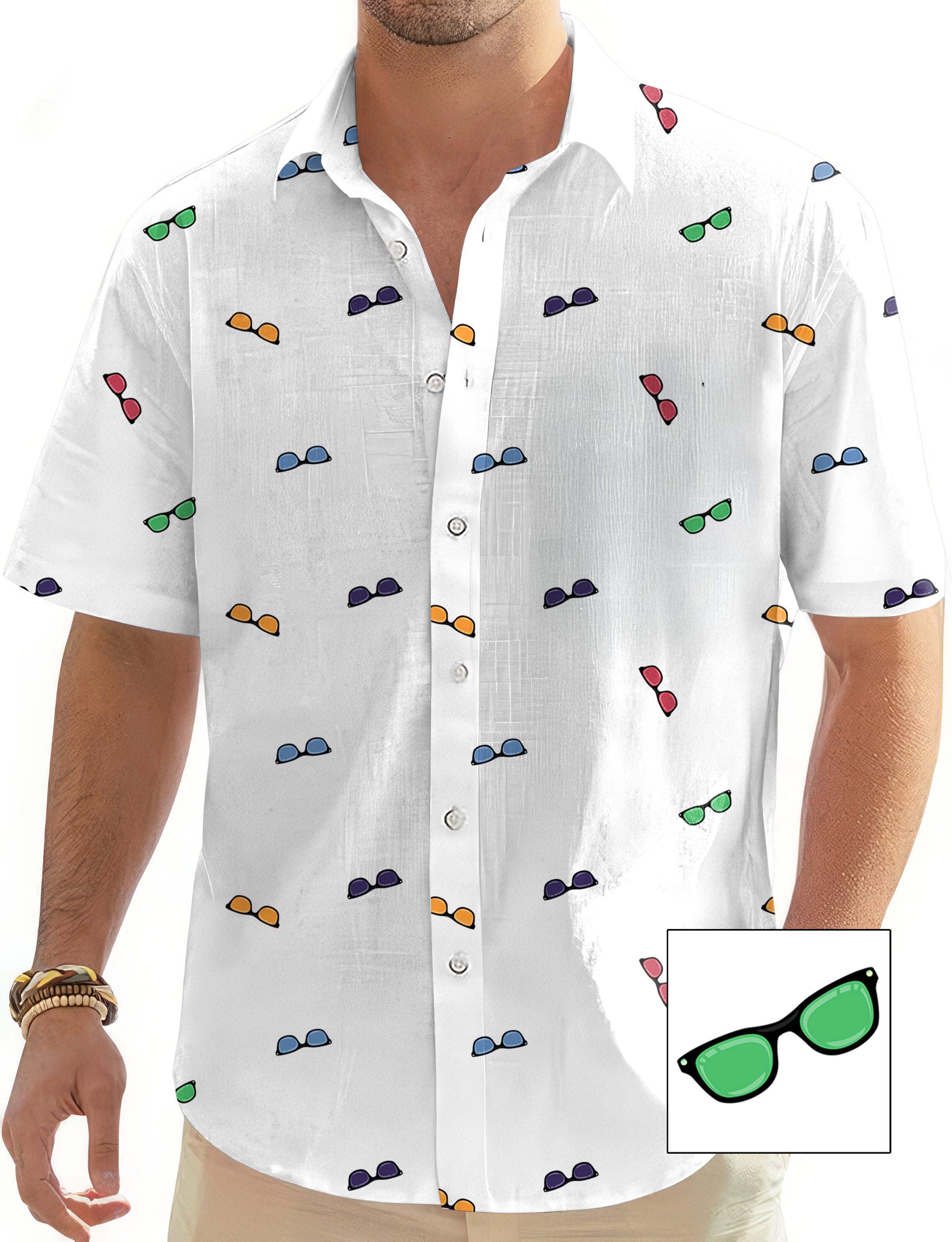 Men's colorful sunglass print button-down Hawaiian golf shirt