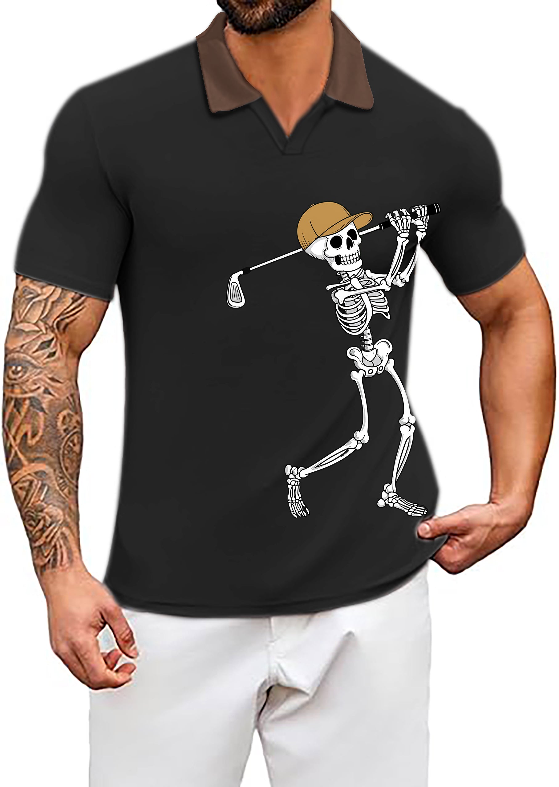 Men's Coconut Palm golf shirt with navy blue ink dots, brown collar, black Halloween skeleton design, moisture-wicking, four-way stretch, UPF 40+ protection, and classic fit