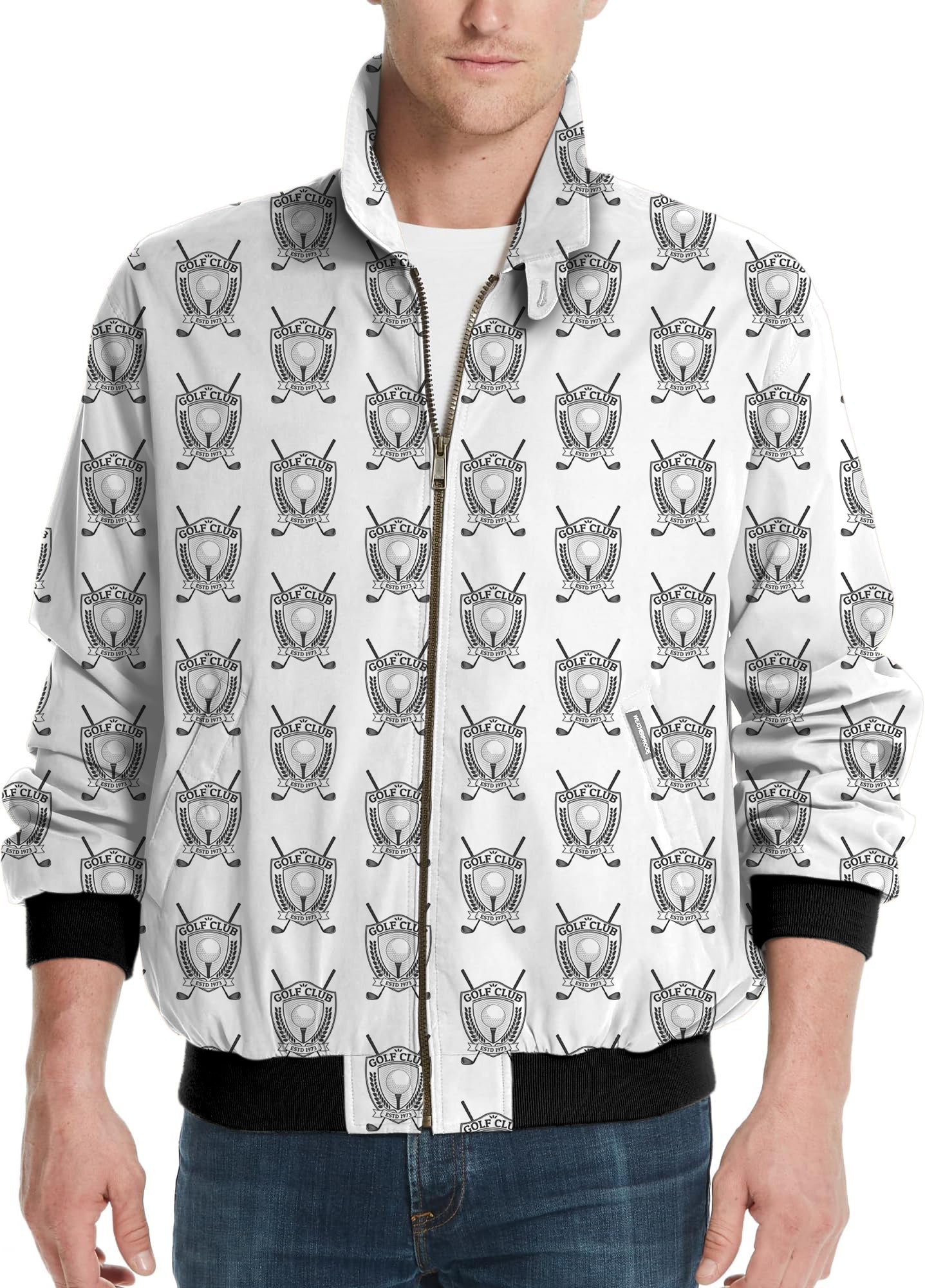 Golf Club Men's white windbreaker jacket with black golf emblem pattern and black cuffs
