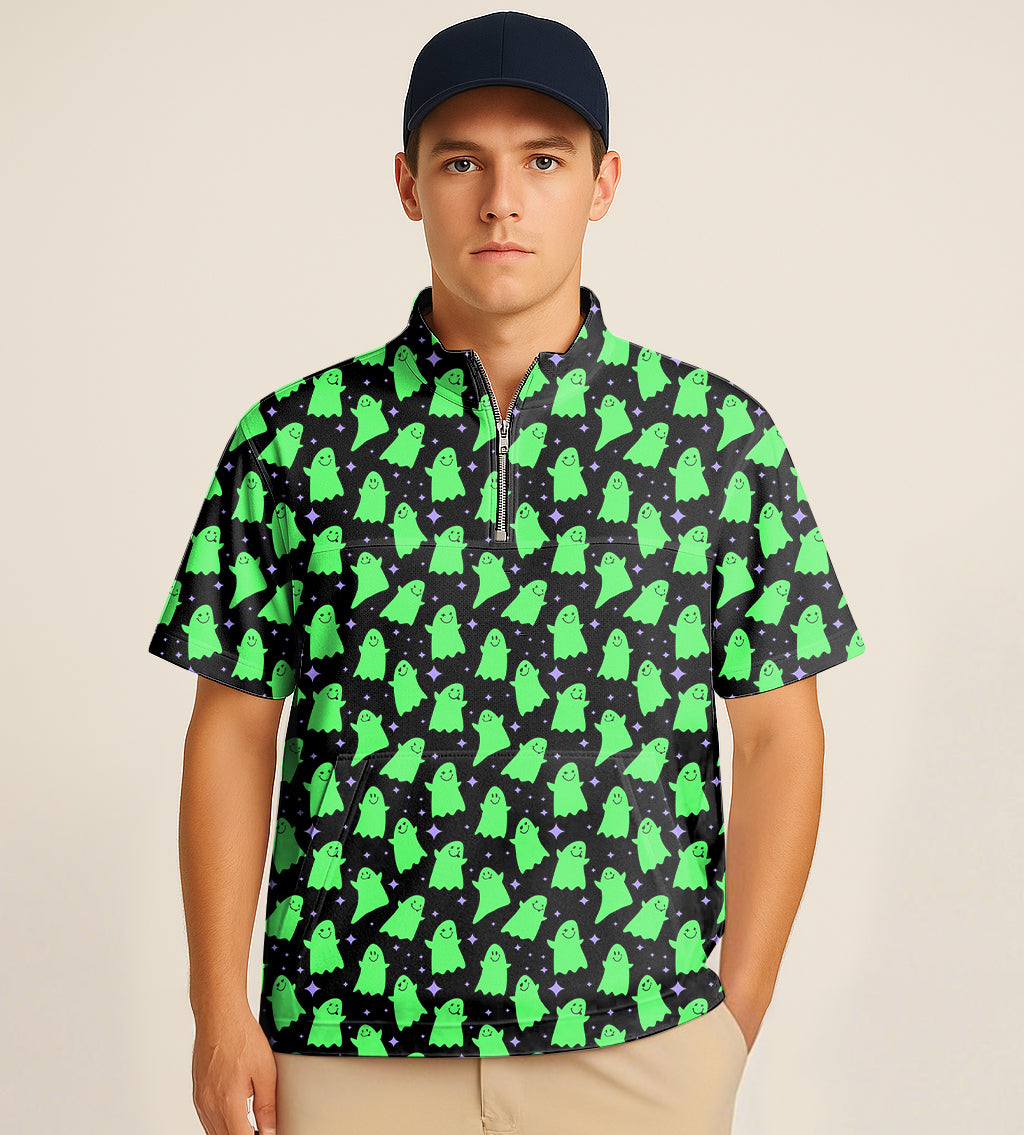 Men's Halloween half zipper turtleneck golf shirt with green ghost embroidery