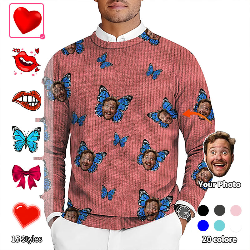 Valentine's Day Custom Photo Face Custom Color Hot Pink Men's Golf Crewneck Pullover Sweaters Ugly Sweater