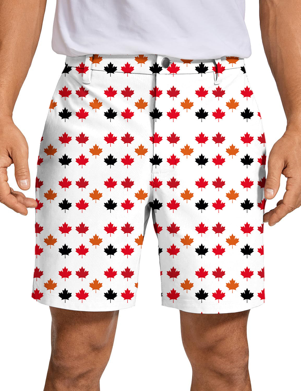 Men's Canada Four Color Maple Leaves Golf Shorts with white background and red, orange, and black maple leaf pattern in breathable, quick-dry fabric