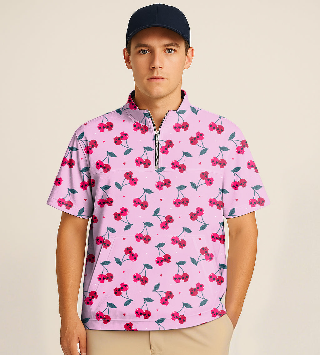 Half zipper turtleneck golf shirt with Halloween cherry skull embroidery and short sleeves