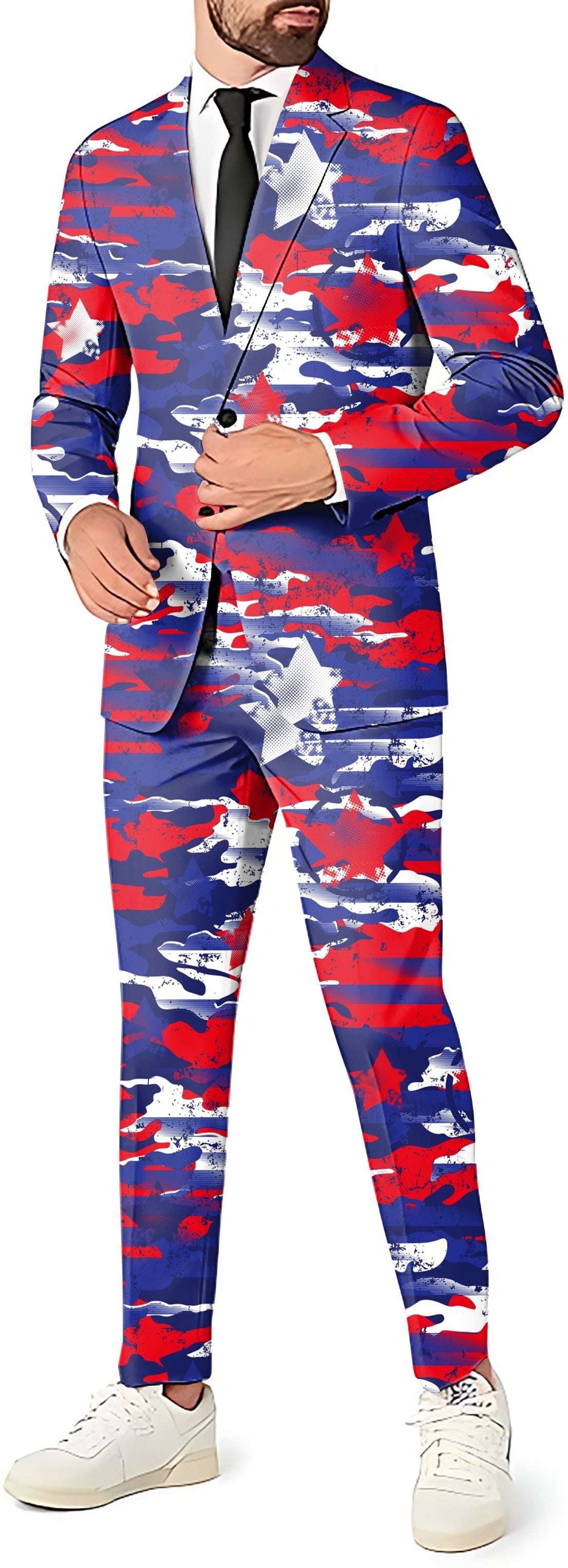 USA camo men's 3-piece party costume suit with blazer, pants, and vest in red, white, and blue camouflage pattern
