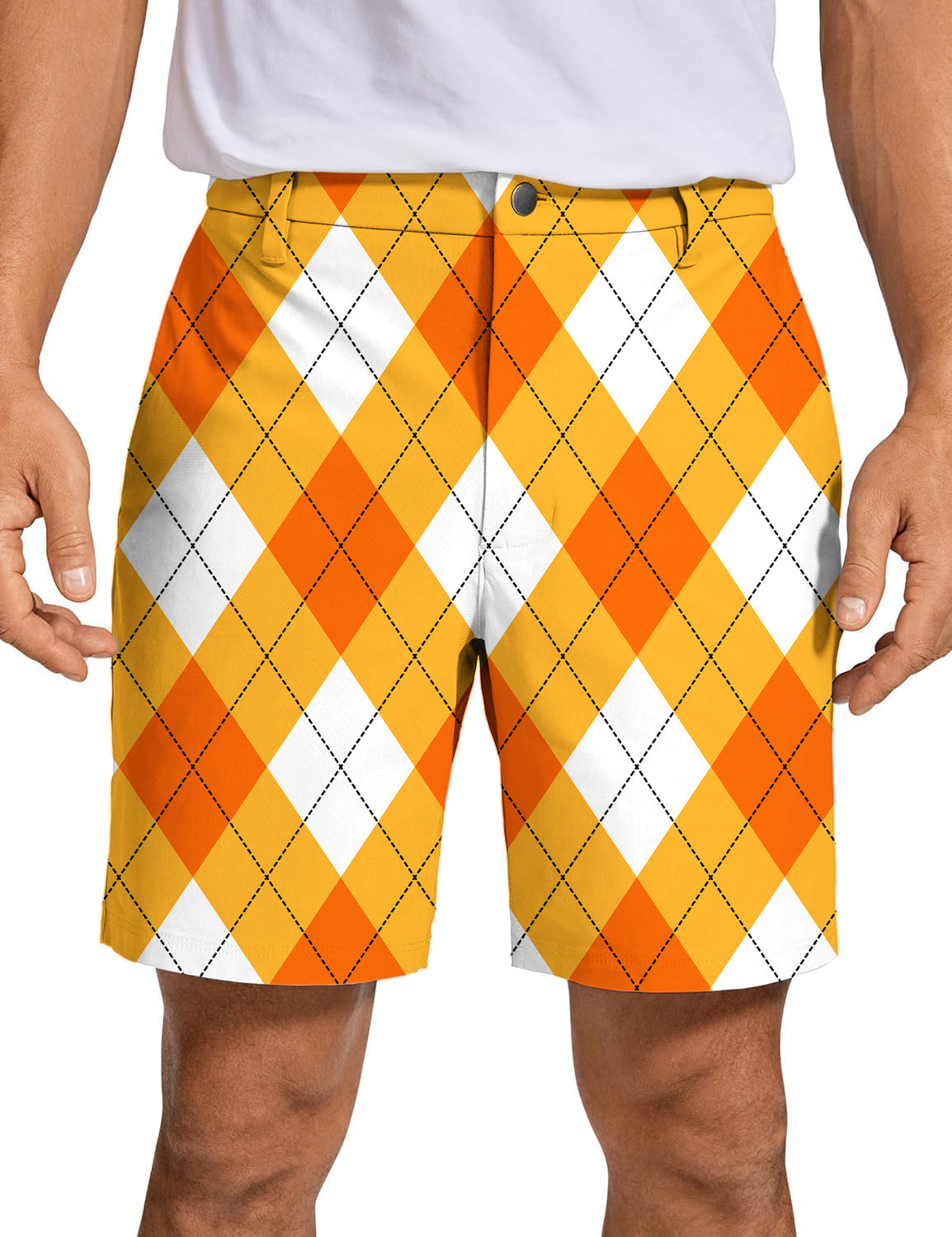 Men's Halloween Cross Orange White Argyle golf shorts with breathable, quick-dry fabric and two-way stretch design