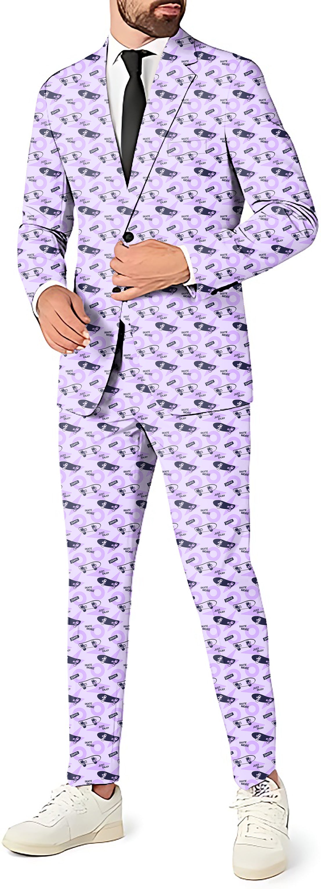 Purple Skate More men's party costume suit set with blazer, pants, and vest in a themed pattern