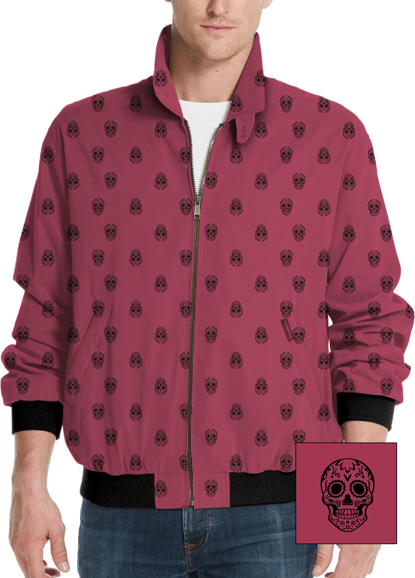 Men's golf windbreaker jacket in burgundy with black skull custom print pattern