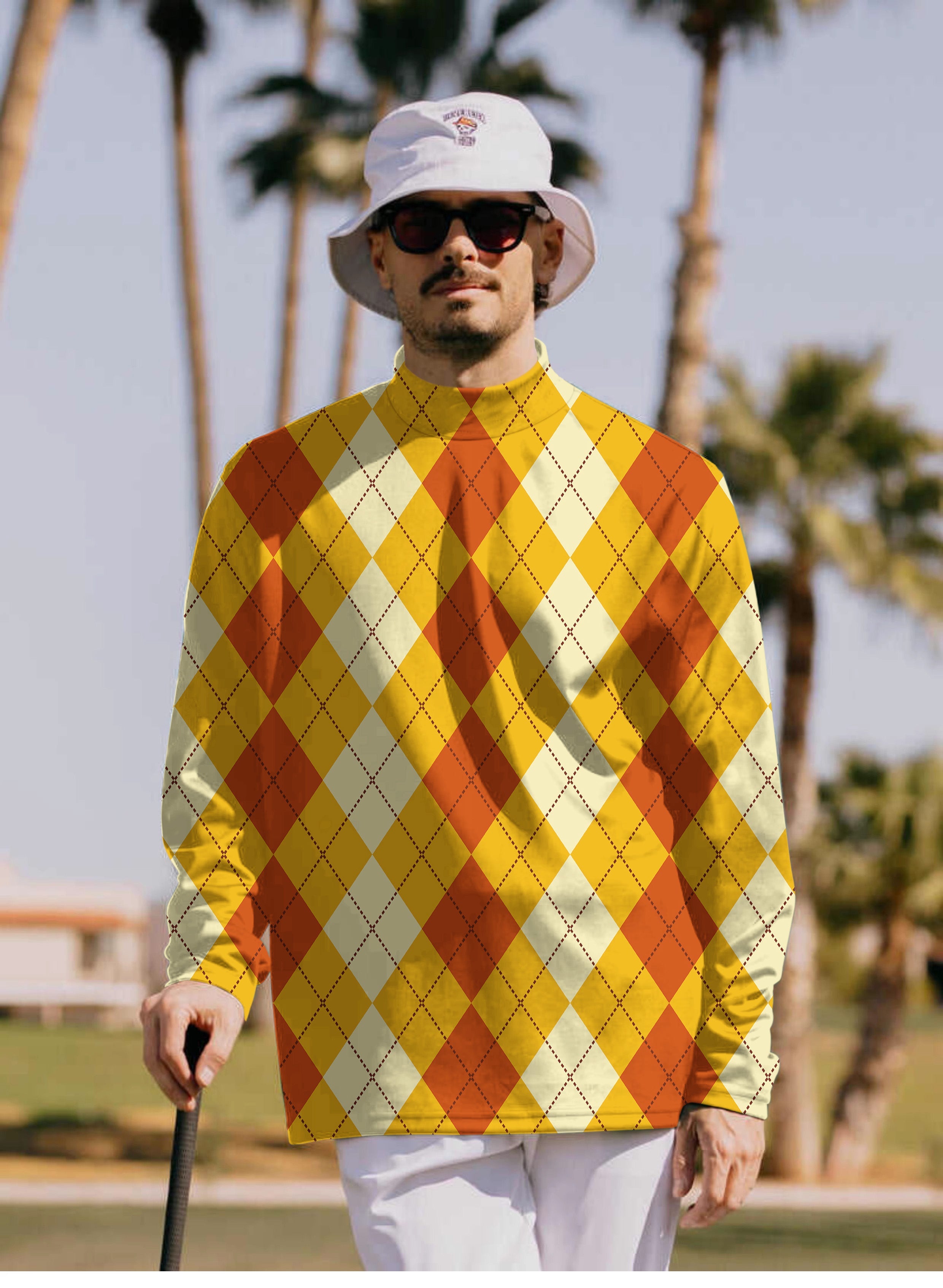 Men's Halloween light yellow and red argyle pullover with high neck and long sleeves outdoors