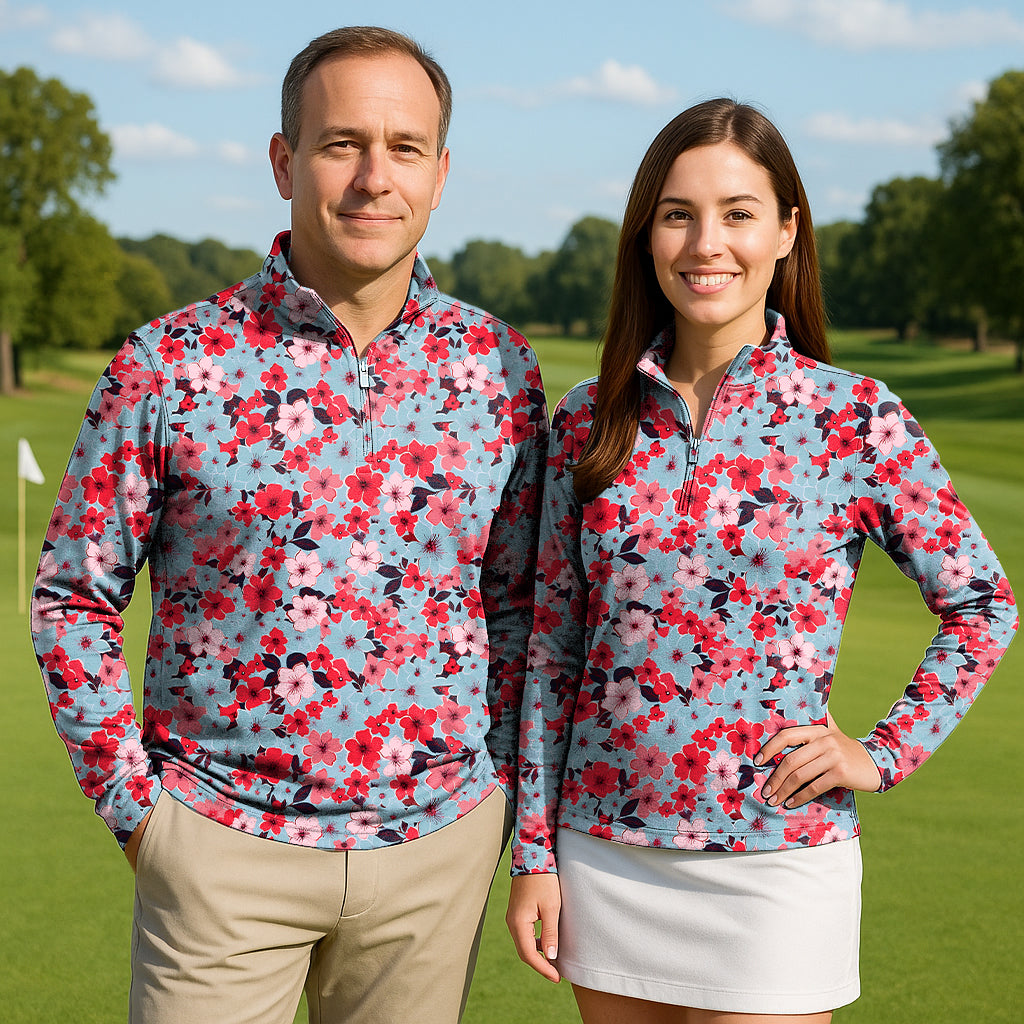 Tropical Tour Couple Golf active 3/4 zip tops with floral print, lightweight, sun-safe, and moisture-wicking fabric.
