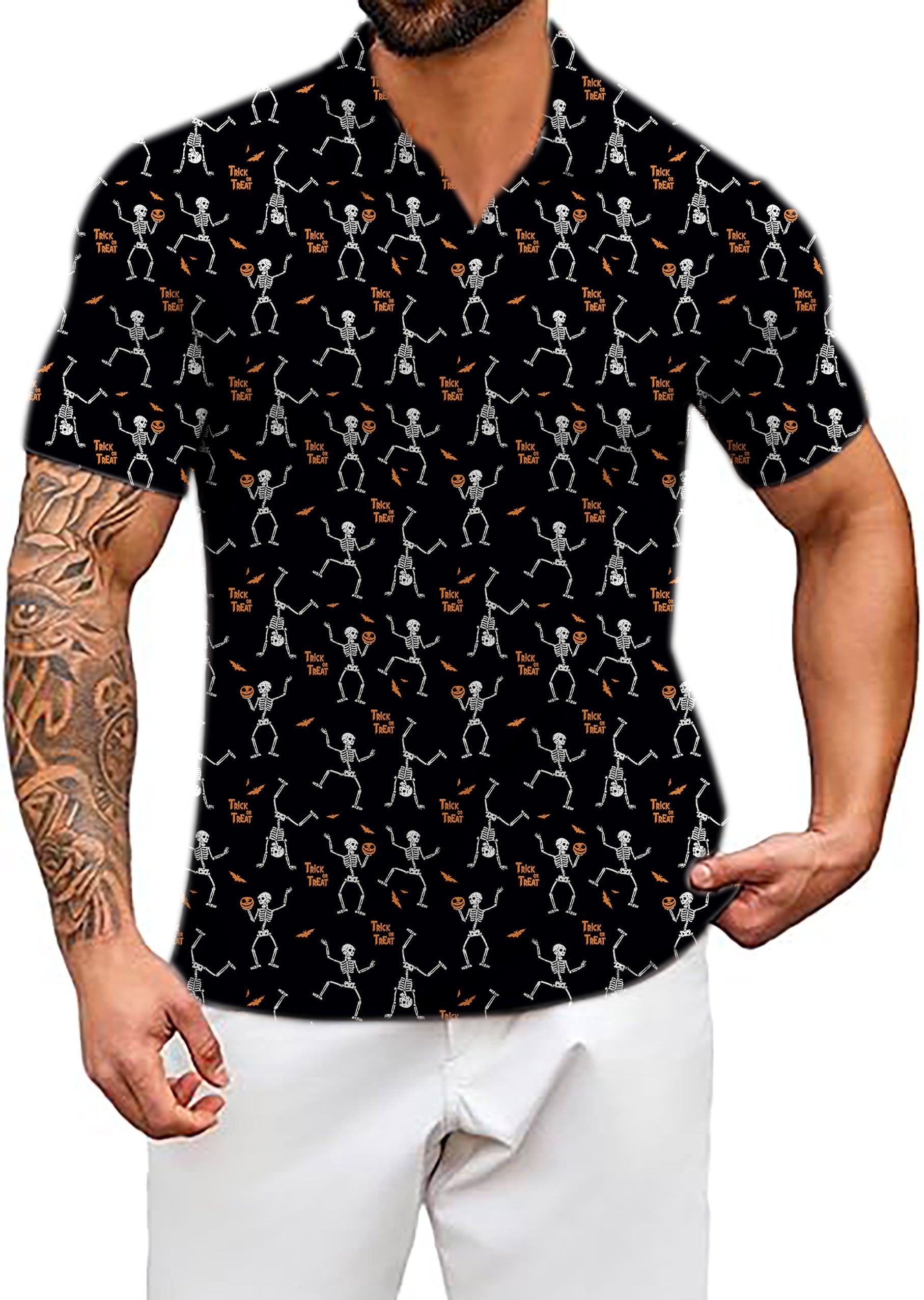 Men's Coconut Palm Halloween skeleton print V-neck golf polo shirt with stretch fabric and UV protection