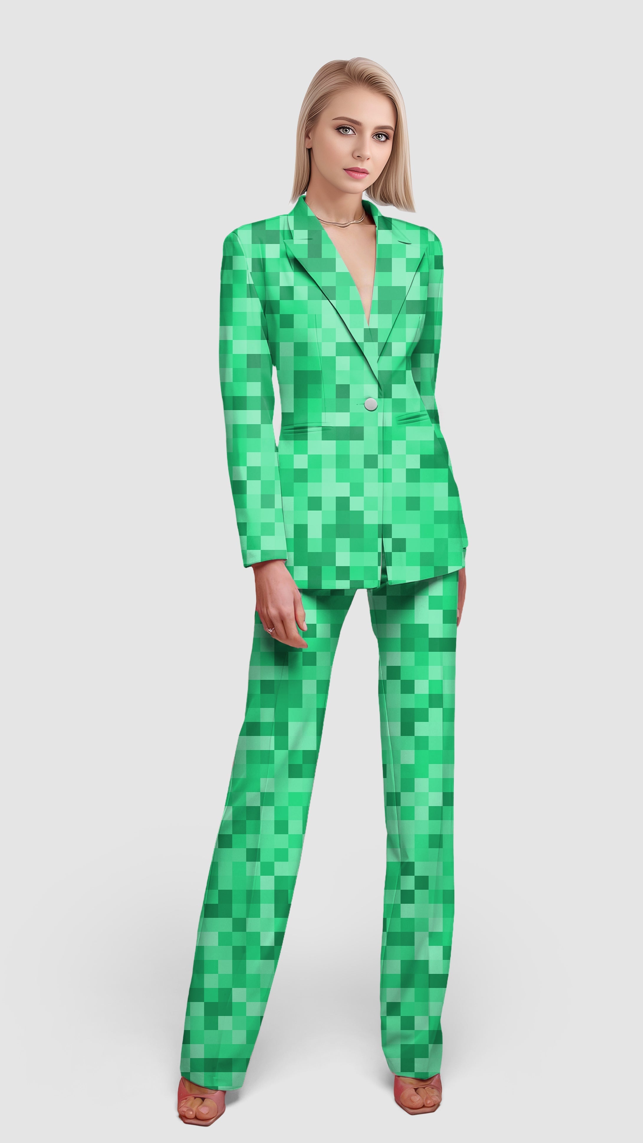 Big women's blazer suit set with green pixel pattern, single-button jacket and matching pants for casual work and office wear