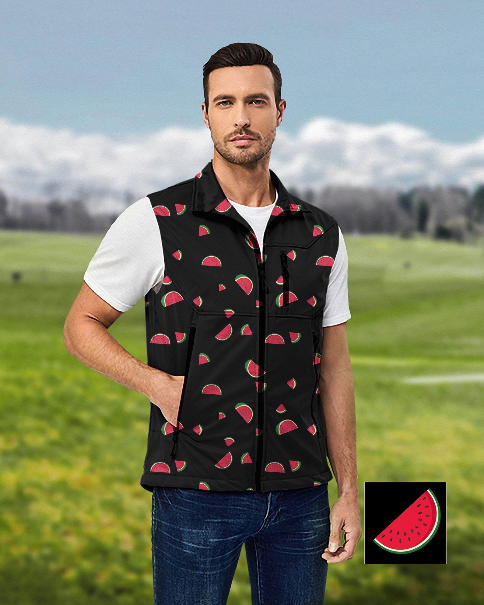Men's Watermelon Custom sleeveless lightweight softshell golf vest with watermelon pattern, windproof and waterproof