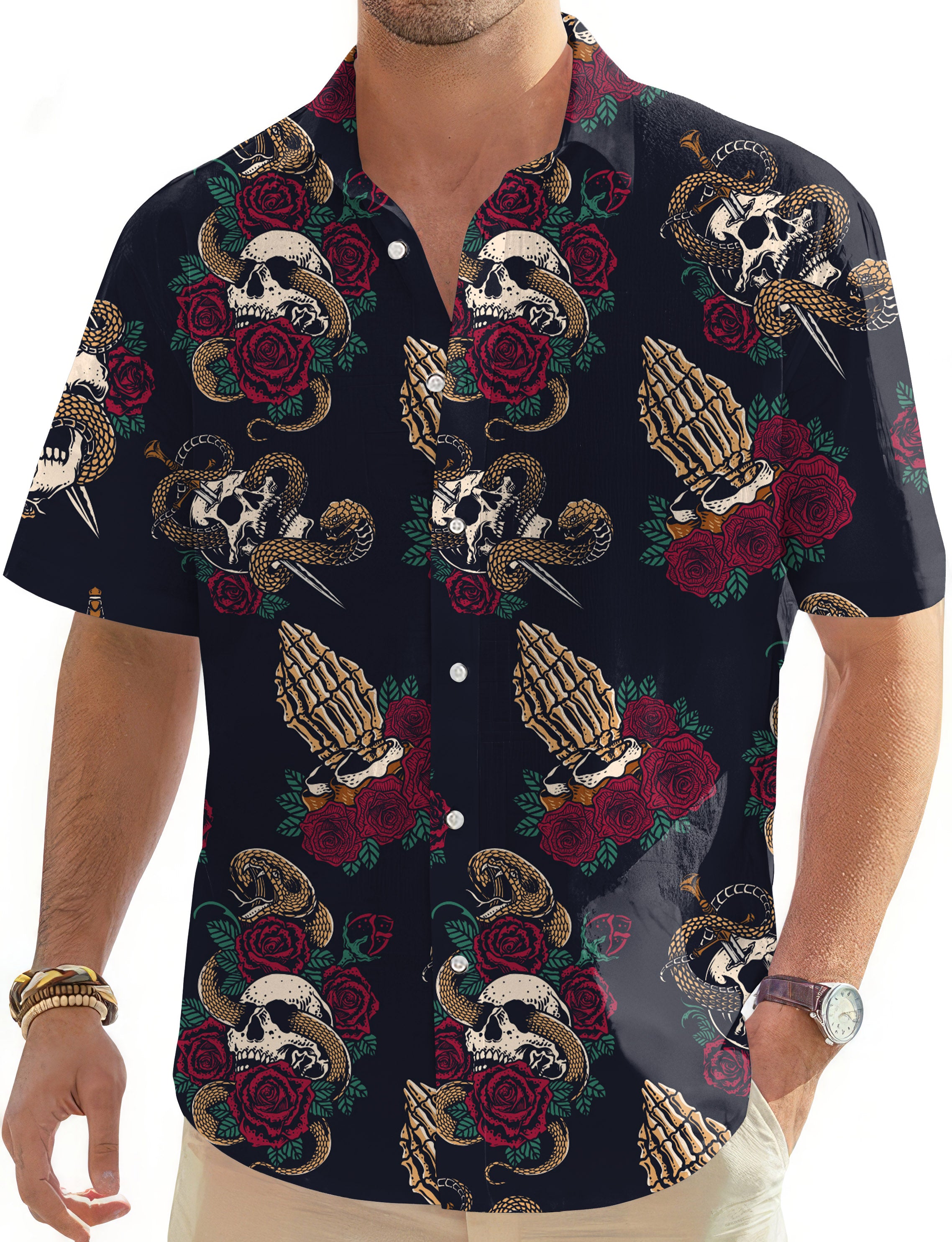 Halloween Snake Skeleton Men's Golf Hawaiian Shirts Button Down Shirt