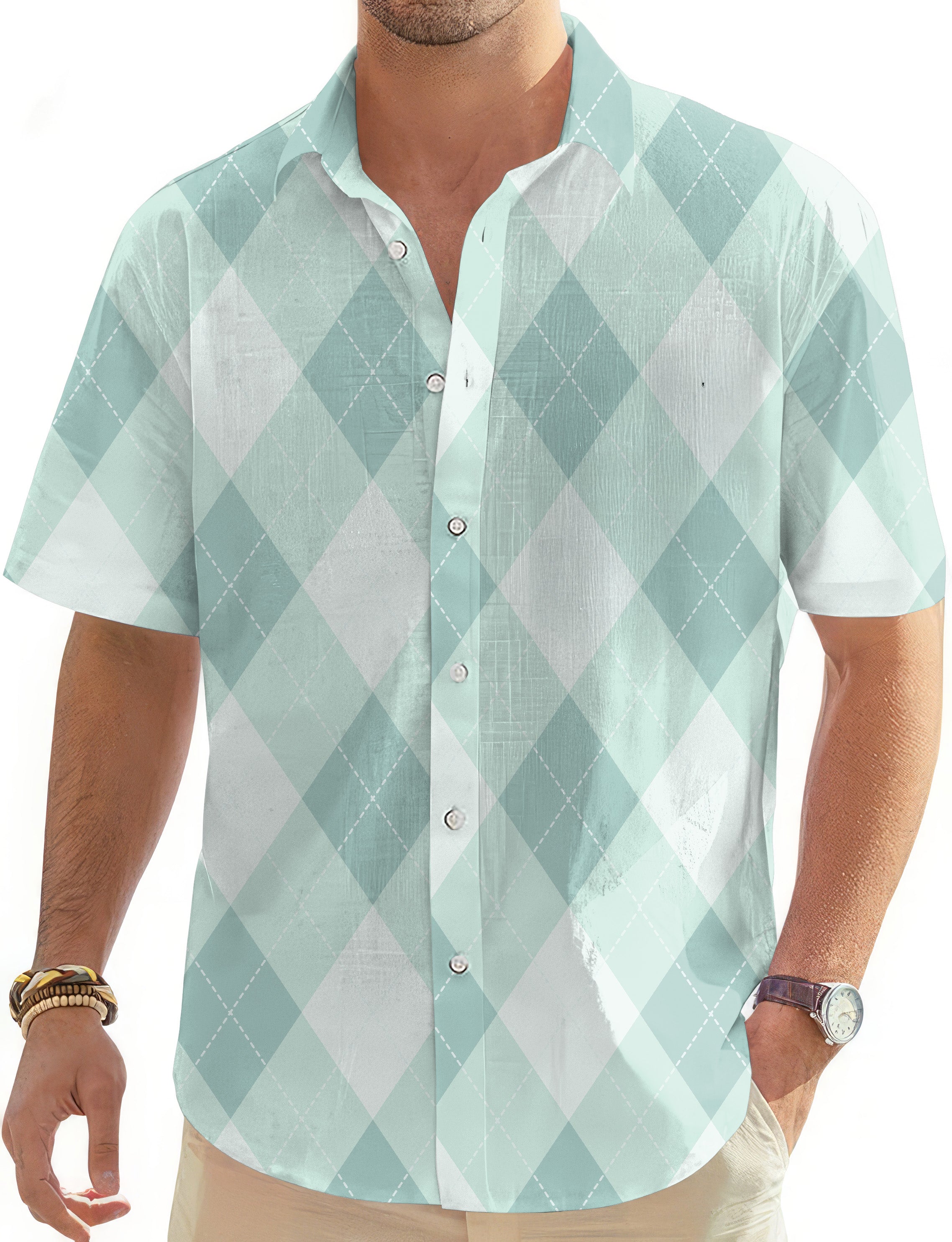 Men's green argyle short sleeve button-down golf shirt with classic collar and patch pocket