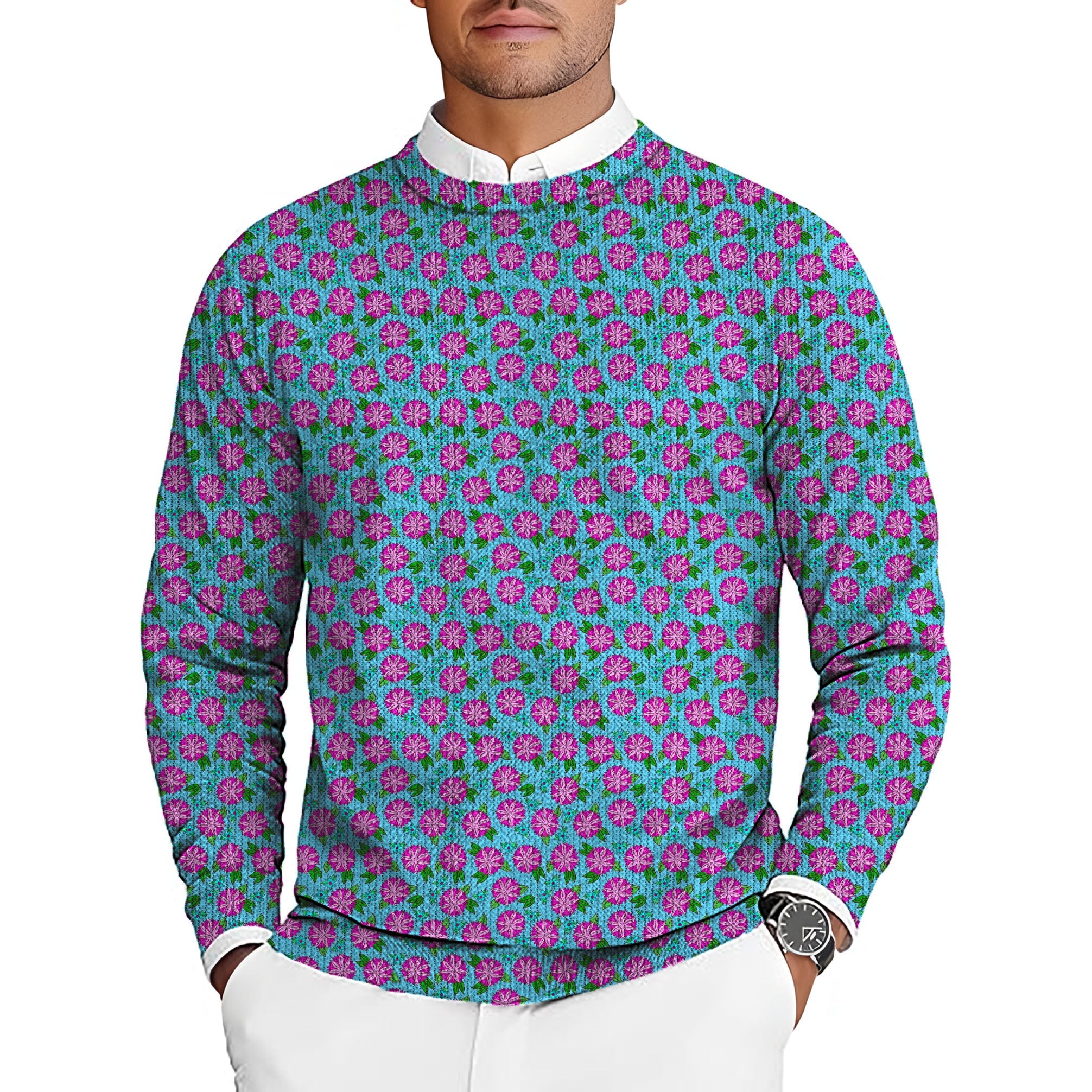 flower Men's Golf crewneck pullover sweater with colorful floral pattern