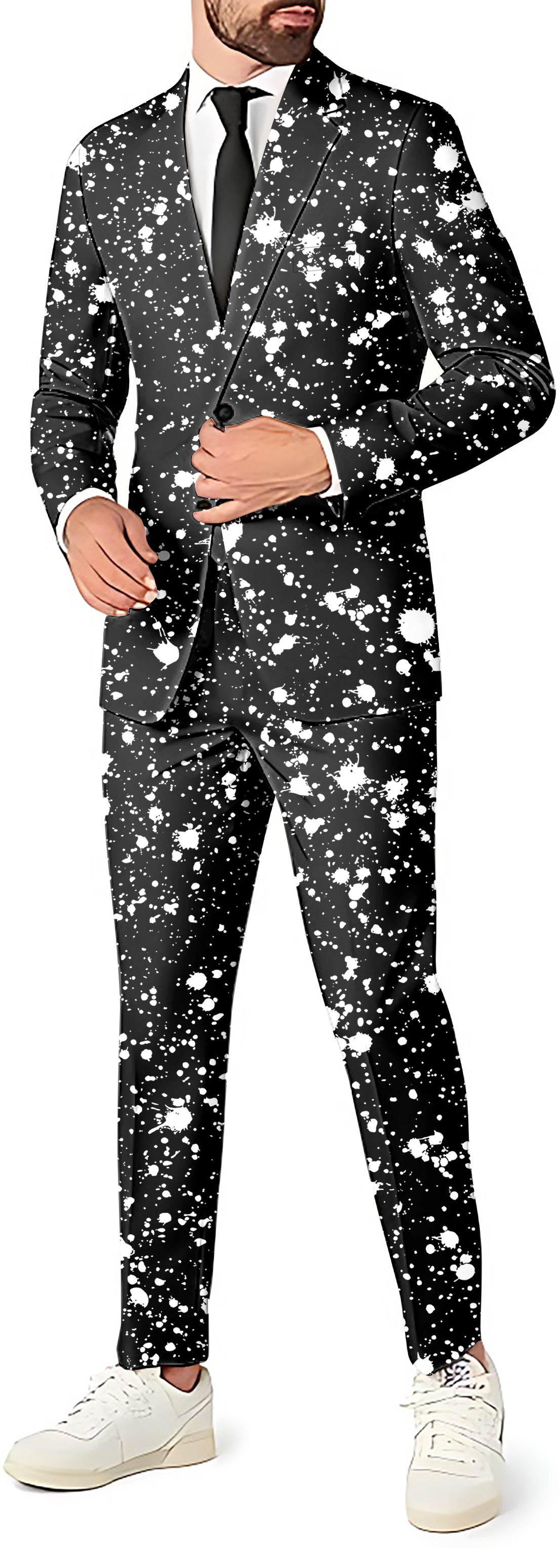 ZEBRA SPLATTER Men's party suit with blazer, pants, and vest in black and white splatter pattern
