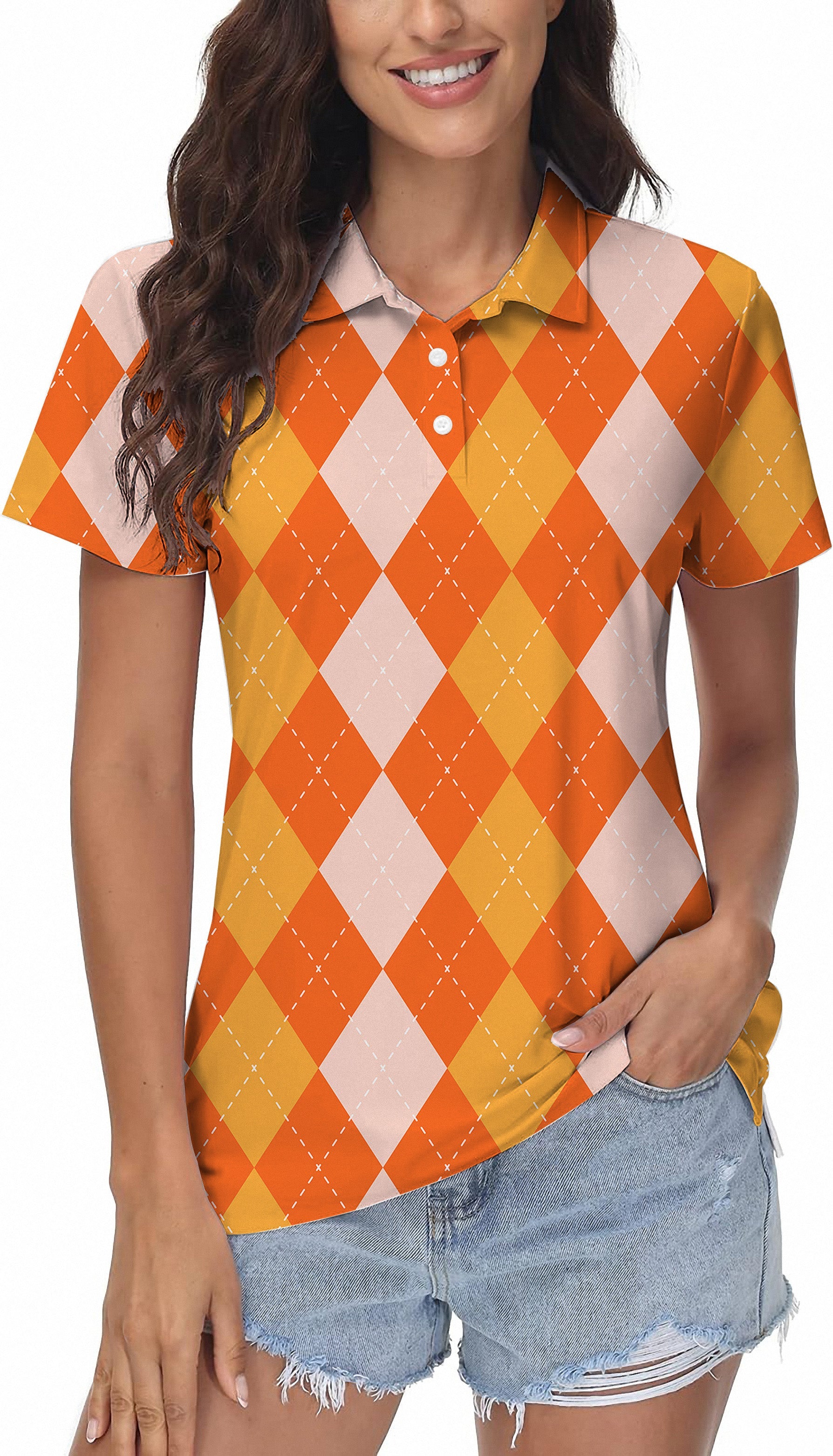Women's Halloween Orange Apricot argyle golf polo shirt with four-way stretch and moisture-wicking fabric