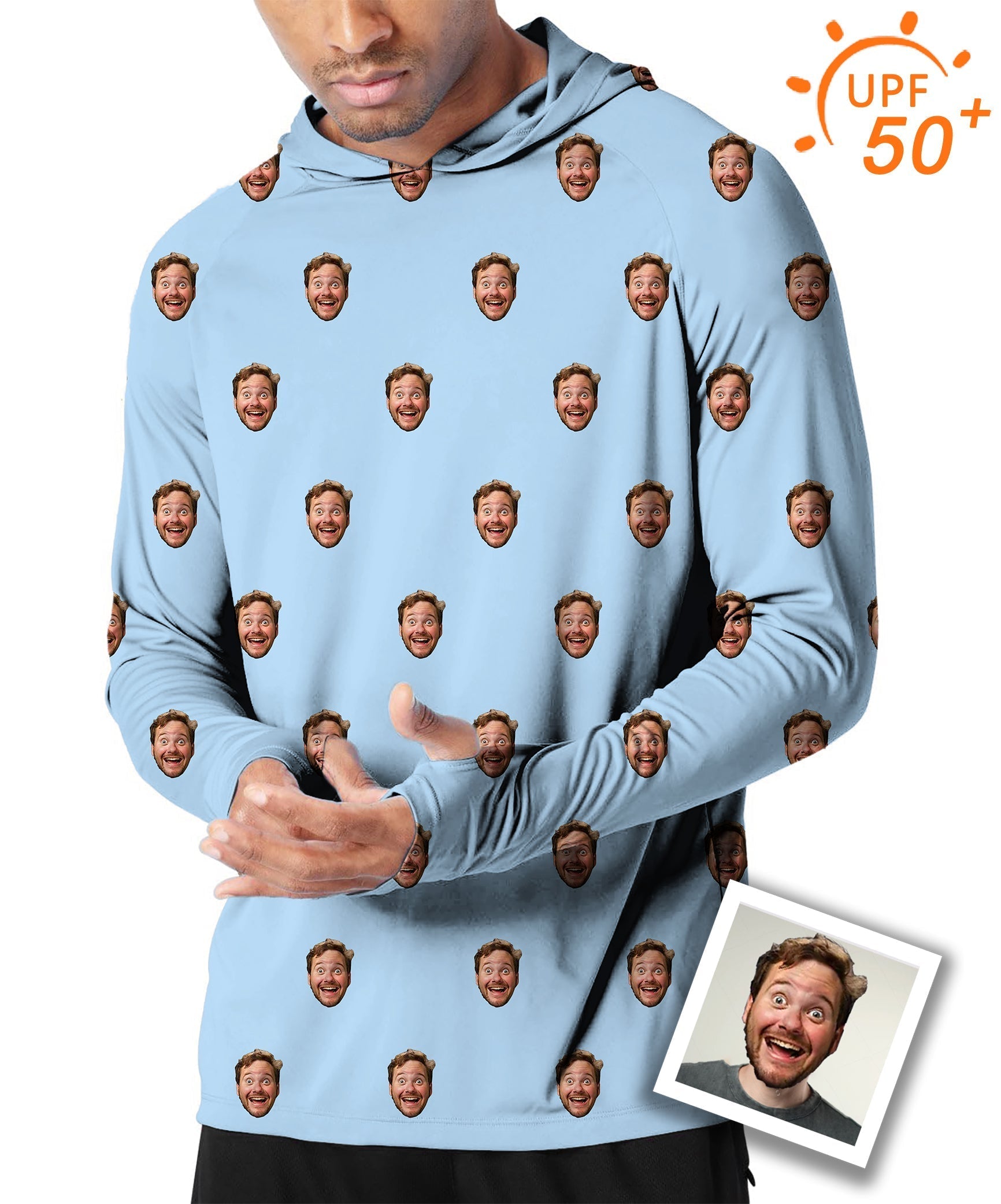 Men's outdoor custom photo funny face golf sun protection slim fit hoodie with UPF 50+ protection