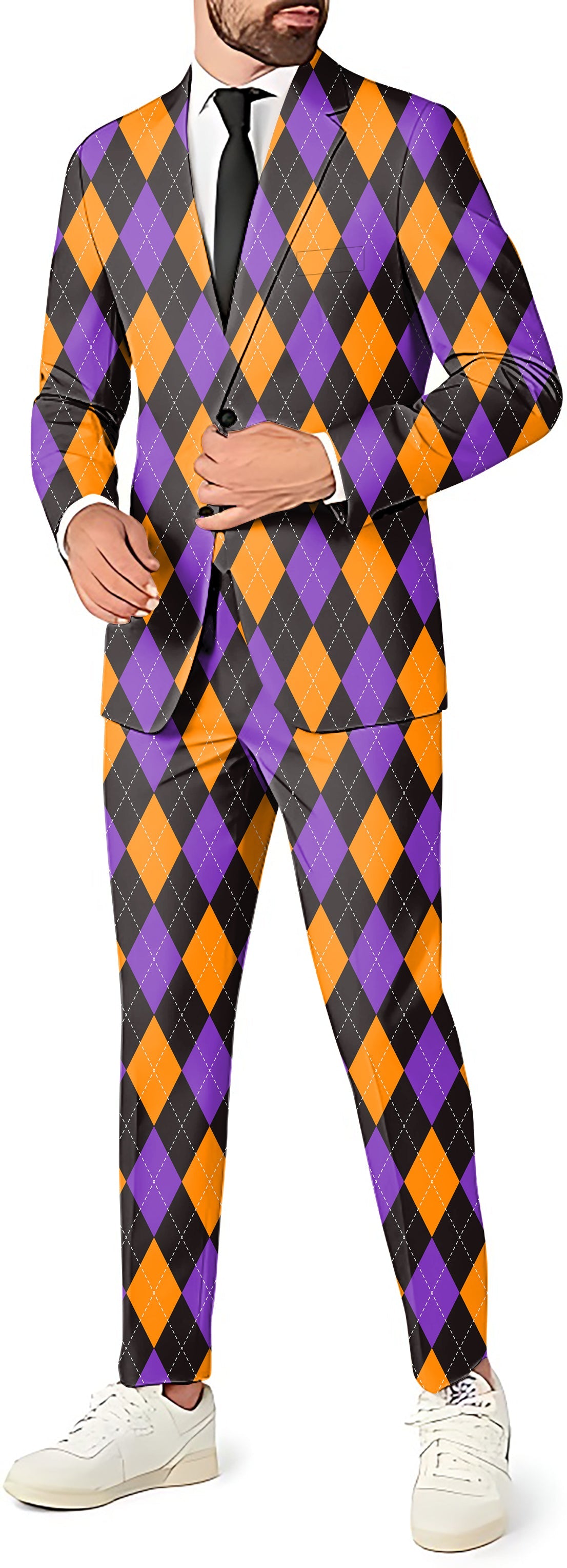 Men's party costume 3-piece suit with orange, purple, and black argyle blazer, pants, and vest