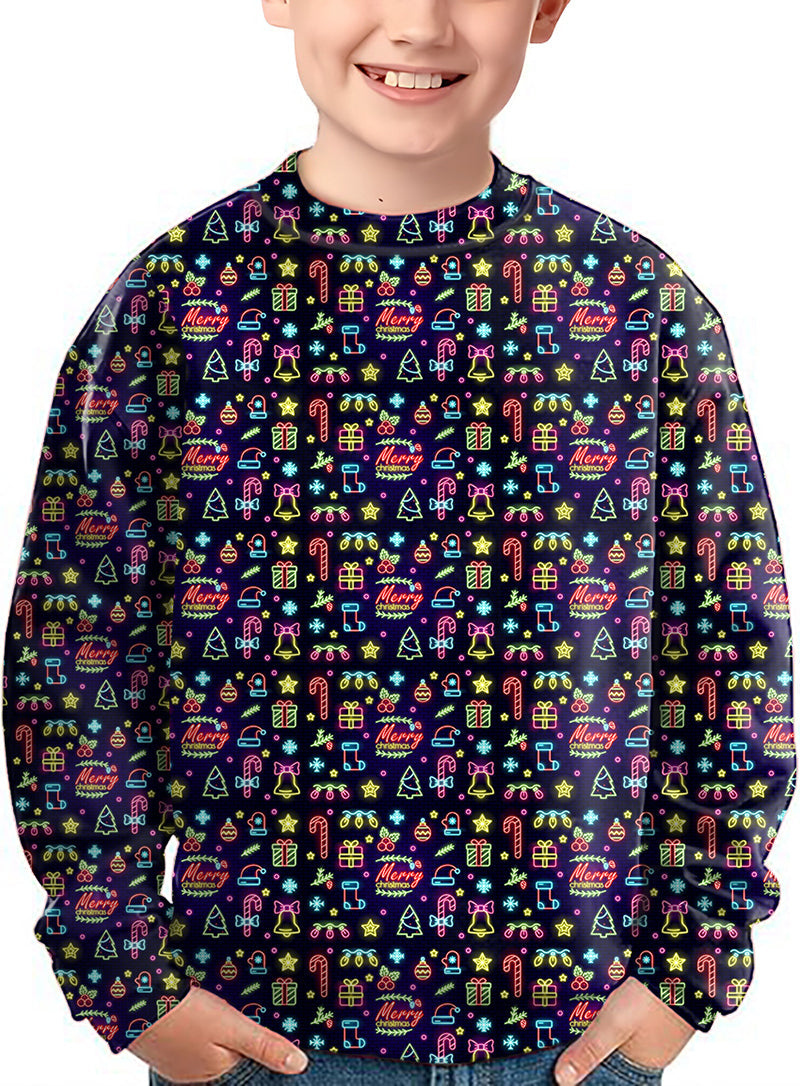 Kids neon Merry Christmas crewneck pullover with colorful holiday icons and patterns