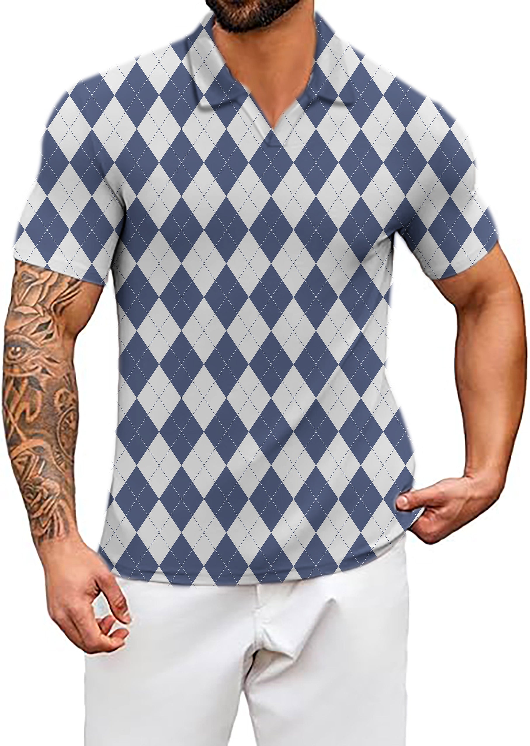 Men's Blue diamond grid V Neck Golf Polo Shirts