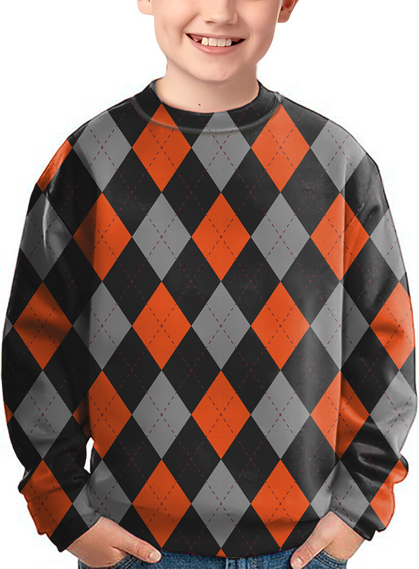 Halloween Black Red Argyle Crewneck Pullover Kids Ugly Sweater
