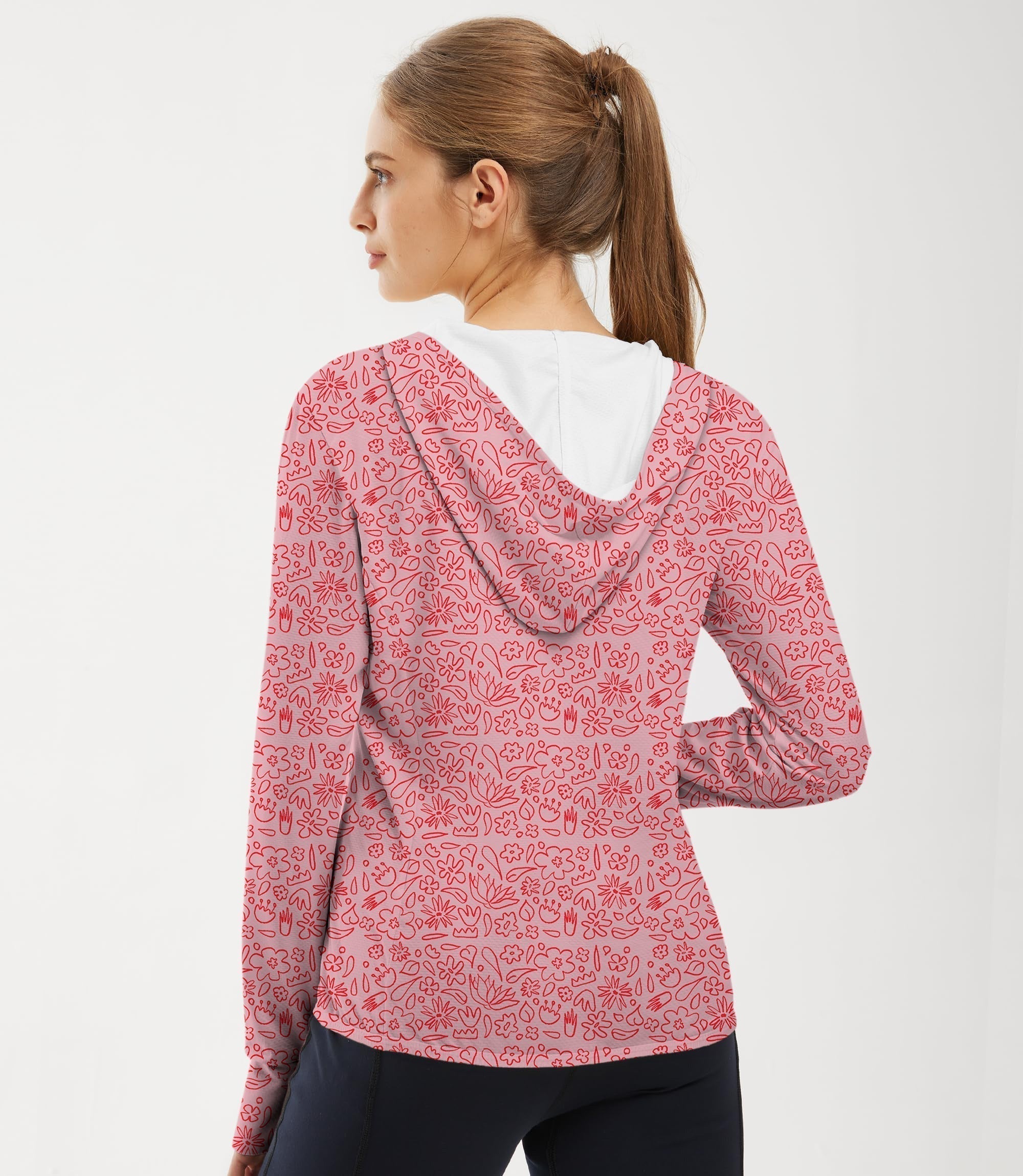 Women's outdoor slim fit pink flower print zip hoodie with sun protection and breathable fabric
