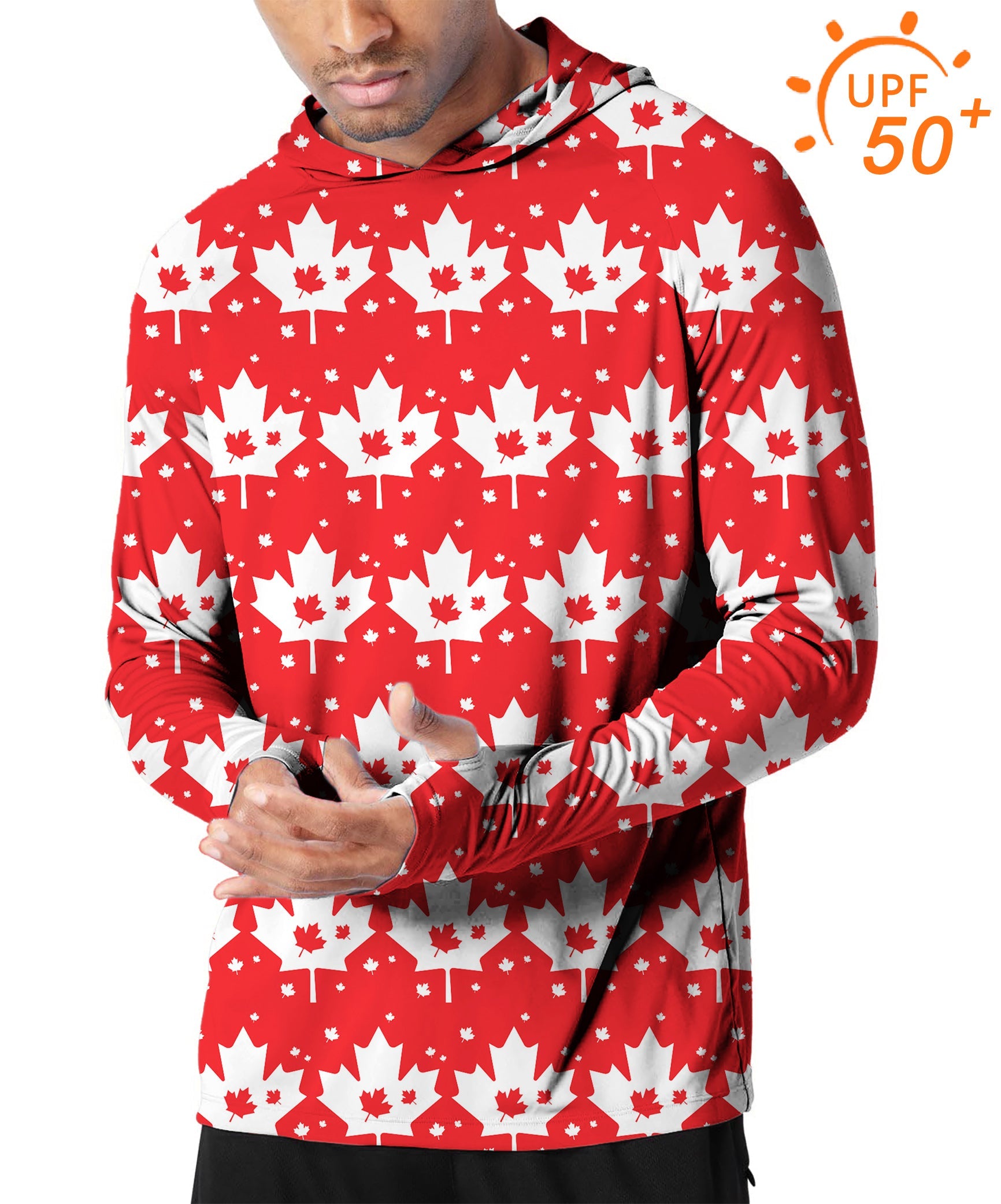 Men's outdoor Canadian maple leaf golf hoodie with UPF 50+ sun protection and slim fit design