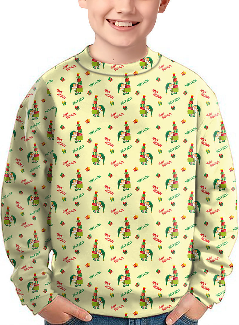 Kids wearing Christmas Little Green Man crewneck pullover ugly sweater with festive pattern