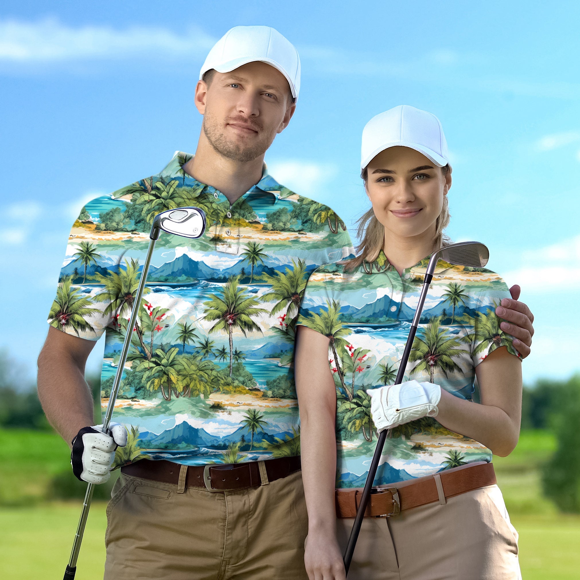 Golf Polo Couple wearing matching Hawaii palm tree print polos with white caps holding golf clubs on green golf course