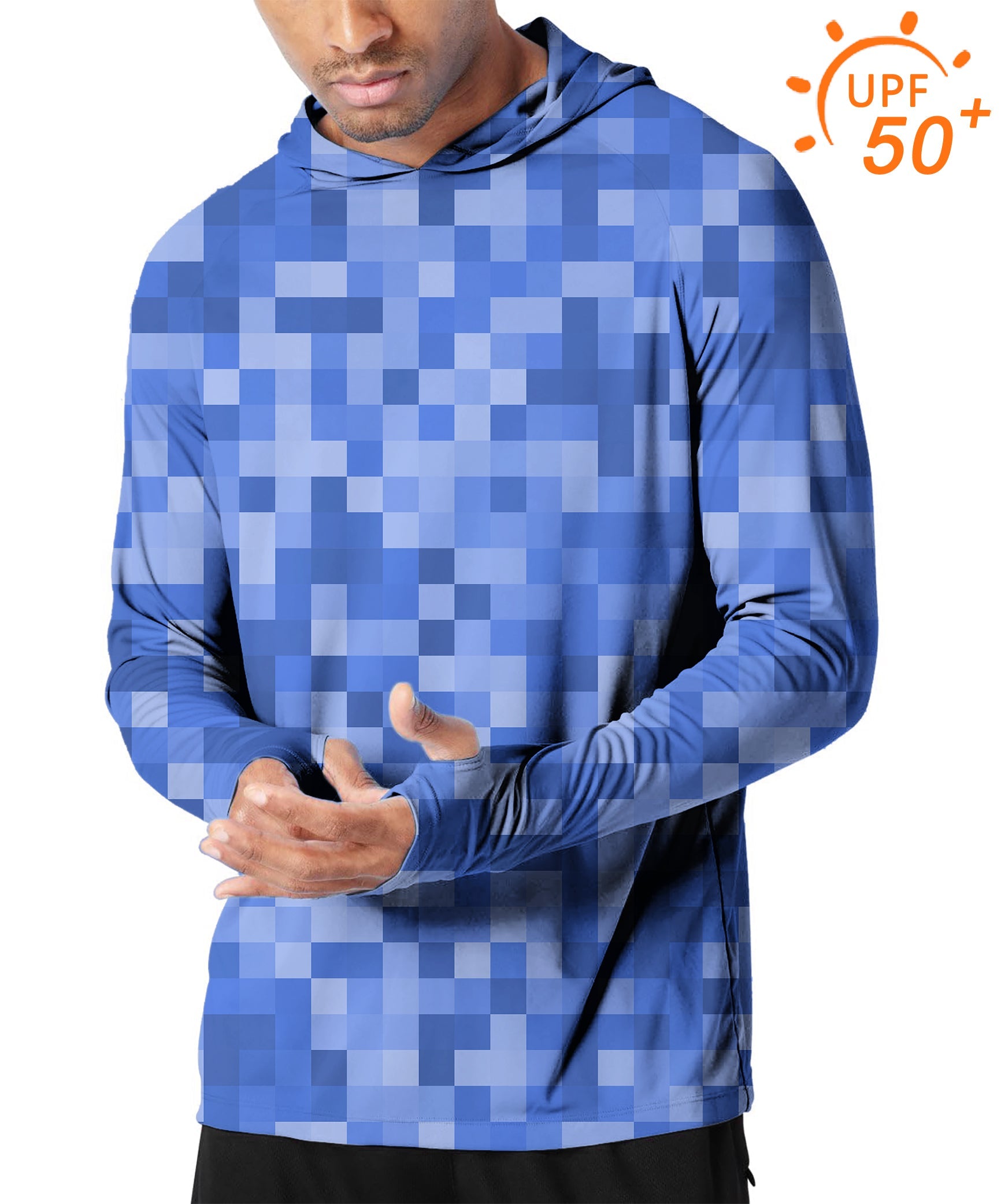 Men's outdoor navy blue pixel big golf sun protection slim fit hoodie with UPF 50+ and thumb holes