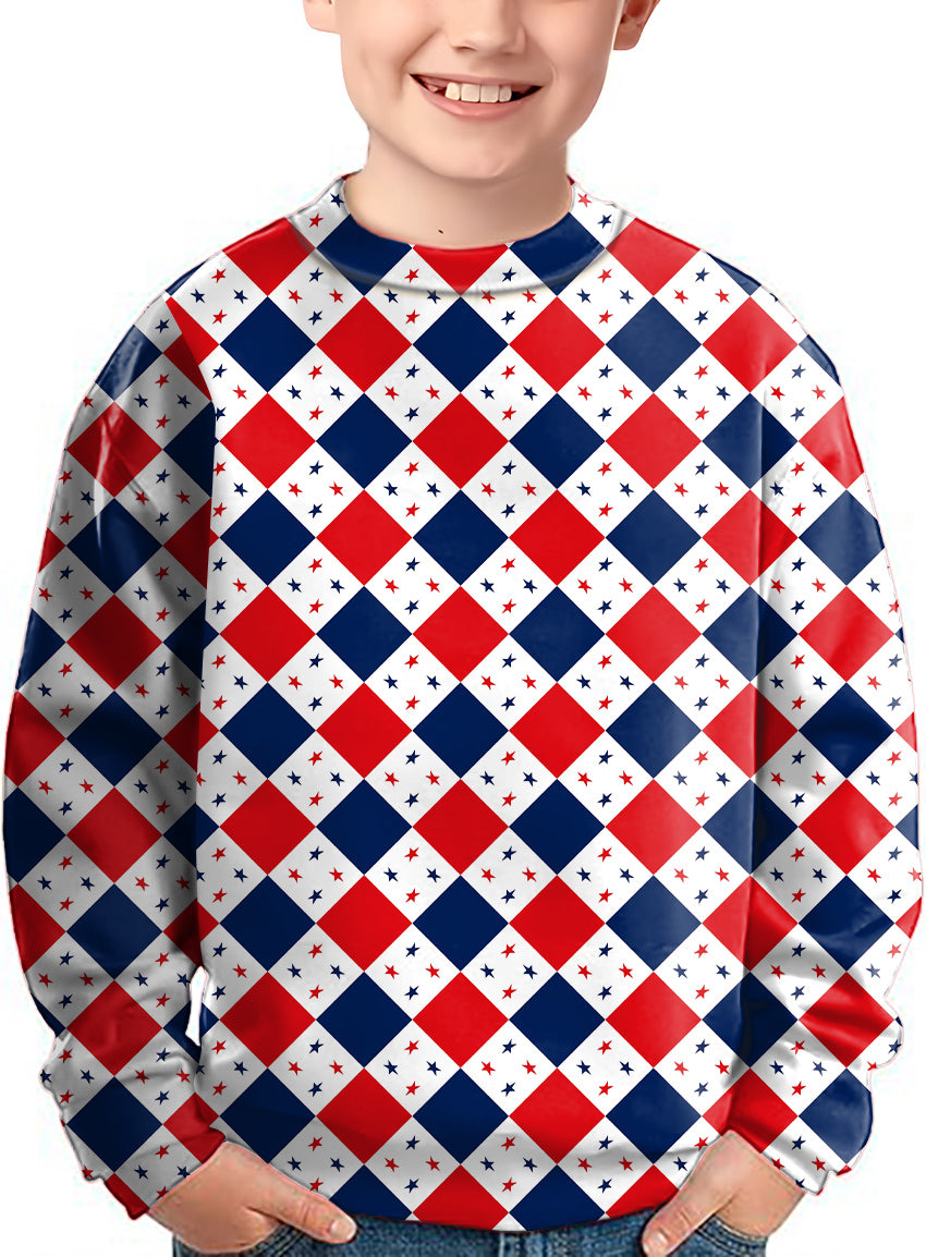Argyle US Star flag Crewneck Pullover Kids Ugly Sweater