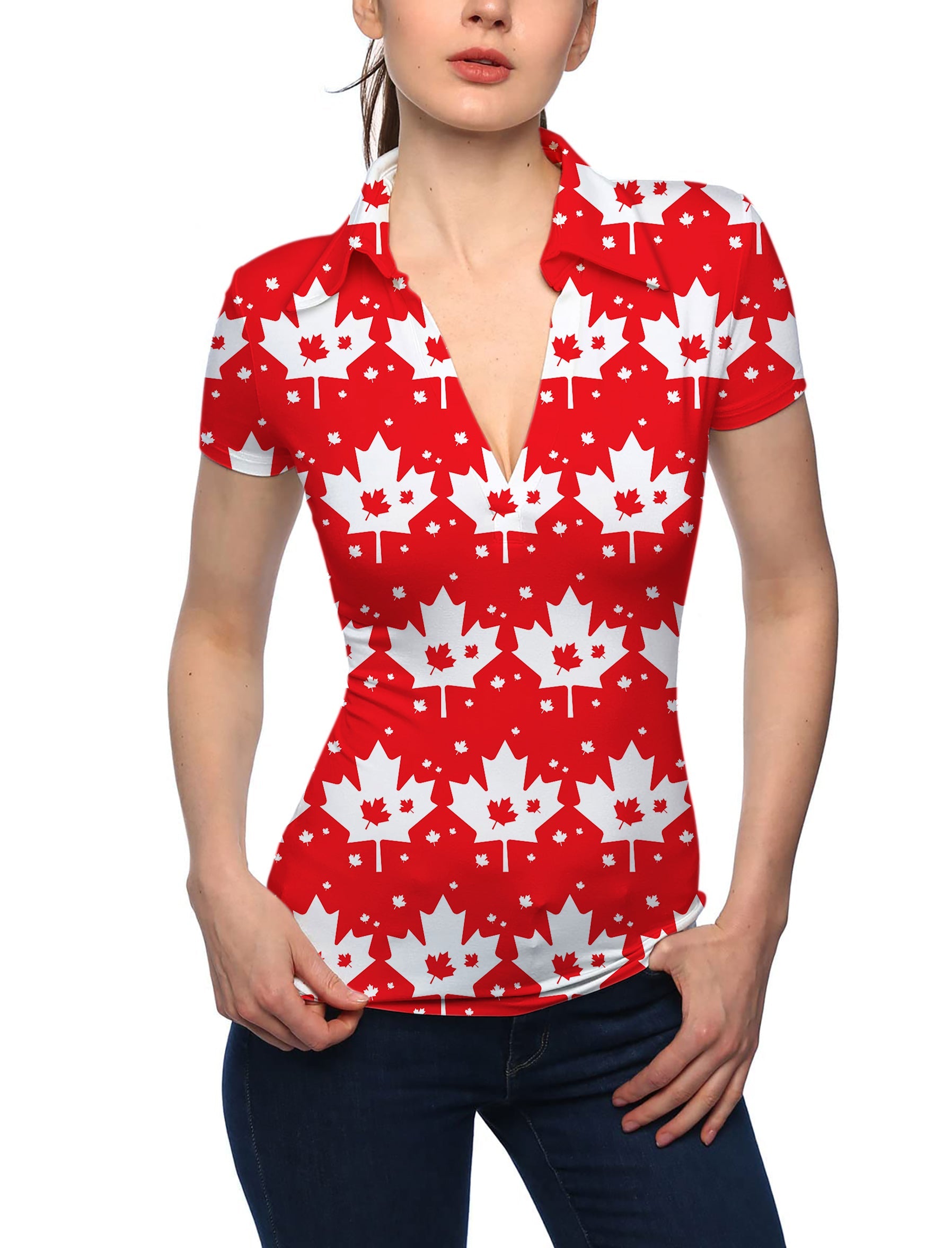 Women's Canadian Maple Leaf V neck golf polo shirt with stand collar and short sleeves