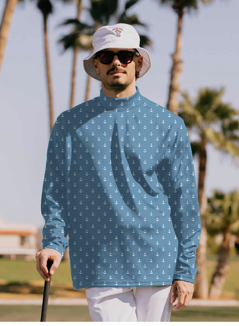 Men's sea blue high neck pullover with anchor pattern long sleeve shirt