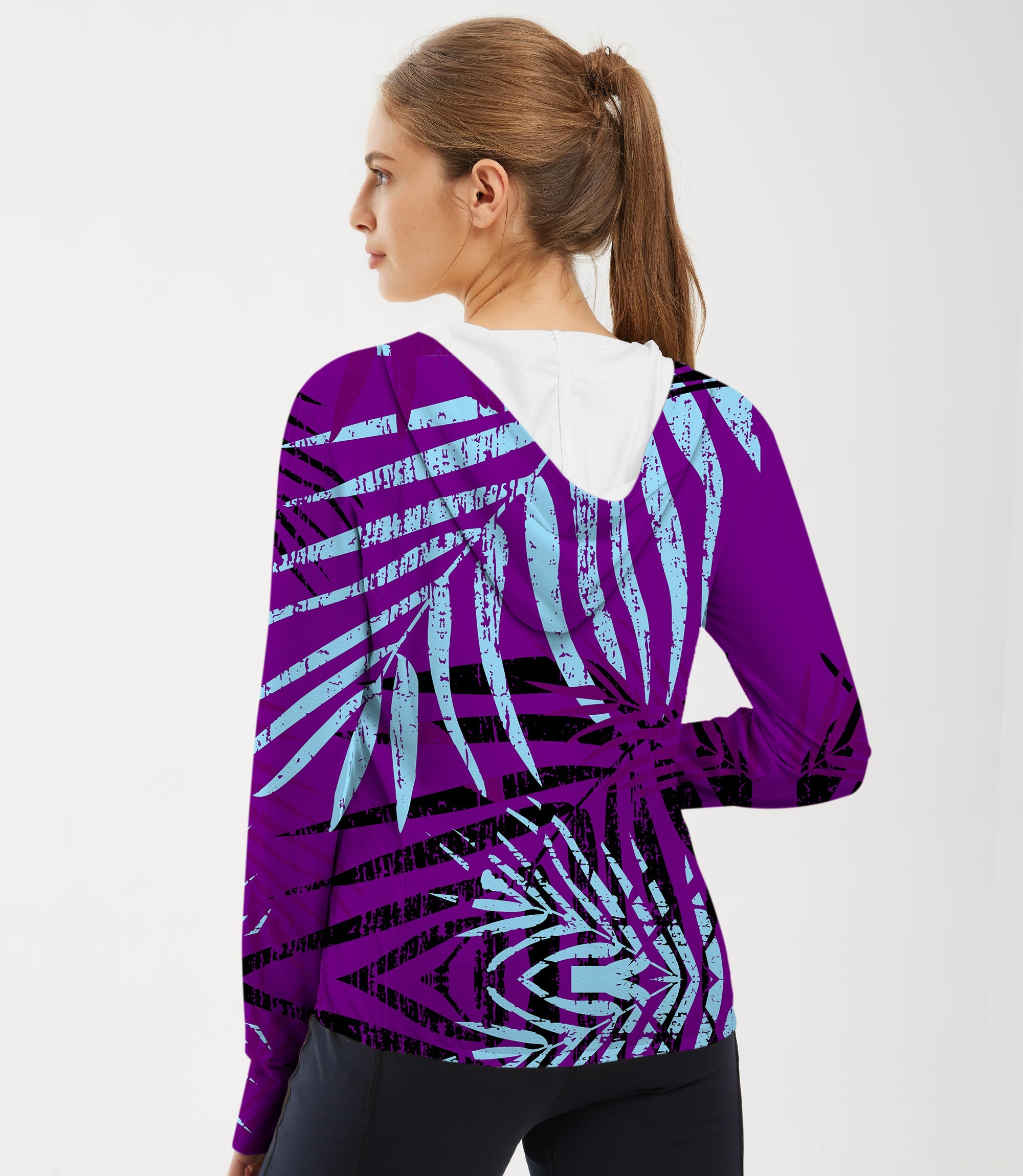 Women's outdoor slim fit purple leaf golf sun protection zip hoodie back view