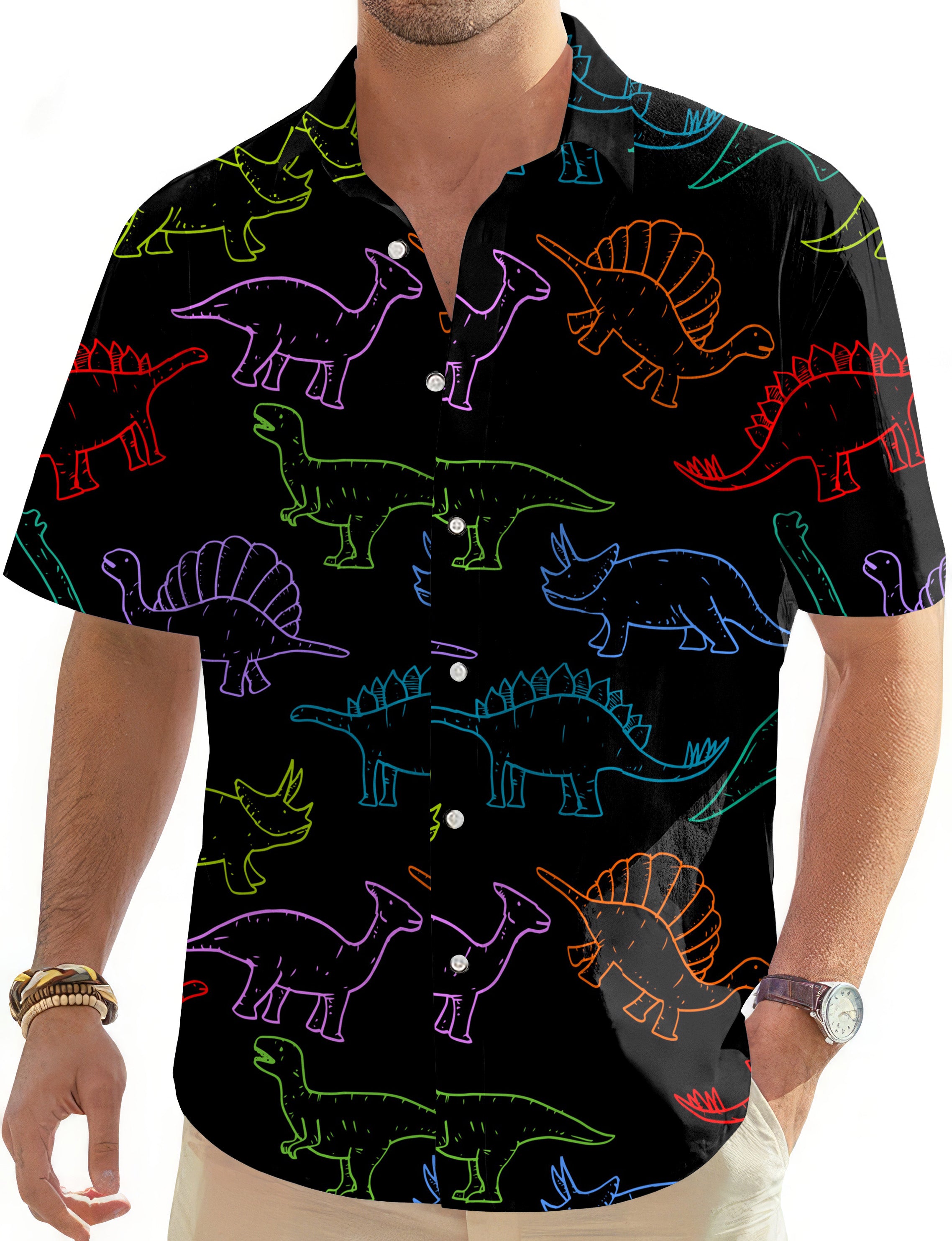 Electric Dinos-Men's Golf Hawaiian Shirts Button Down Shirt