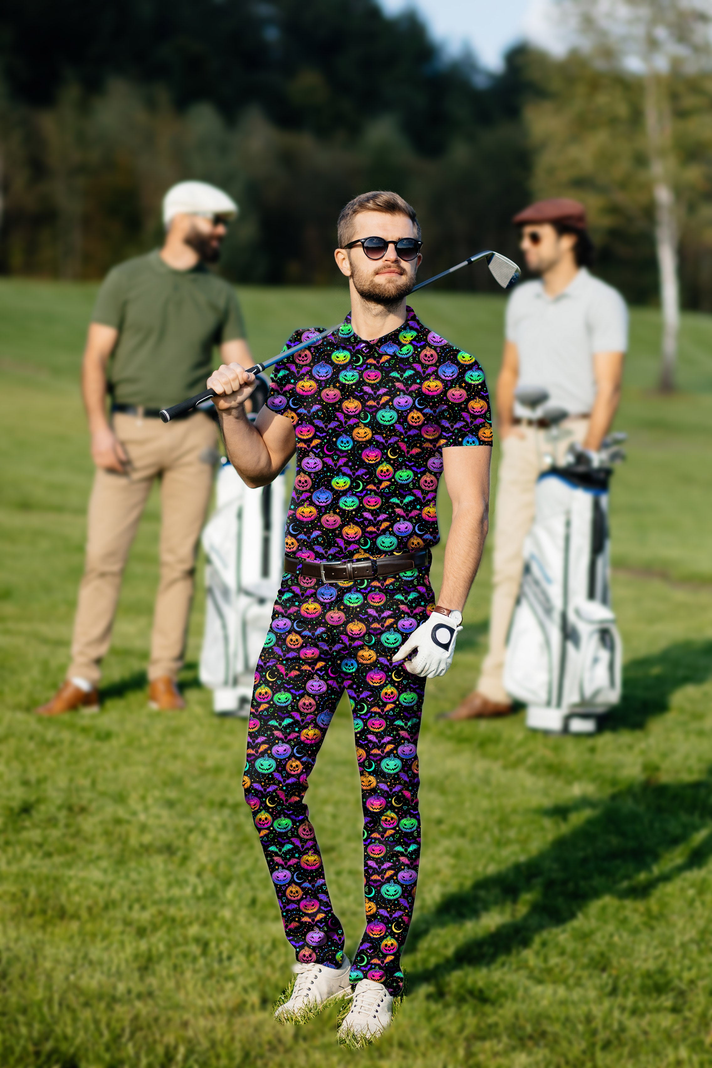 Men's Golf Set Polo+Pants Neon Halloween Pumpkin