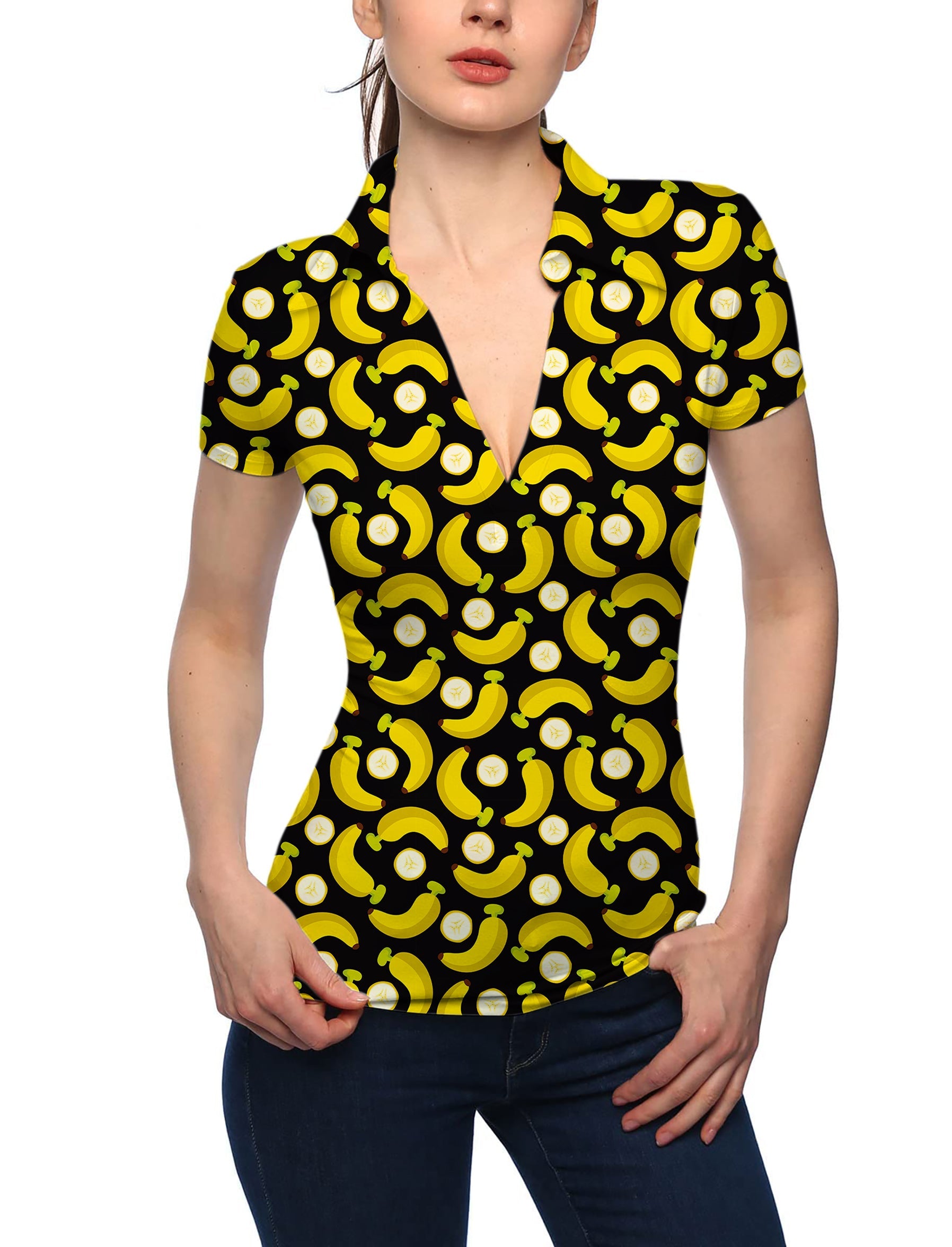 Women's Halloween golf polo shirt with bananas and banana peels pattern, deep V-neck and stand collar design
