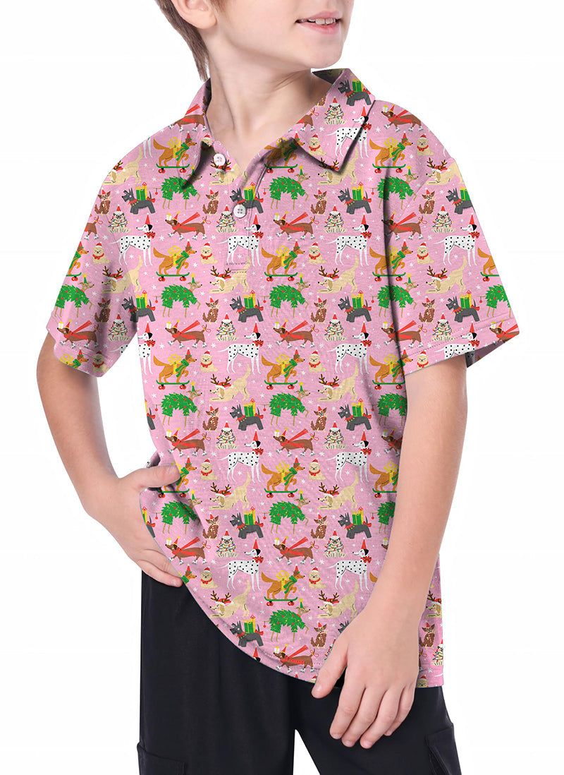 Youth boy wearing Christmas dog patterned golf polo with 4-way stretch and moisture-wicking fabric
