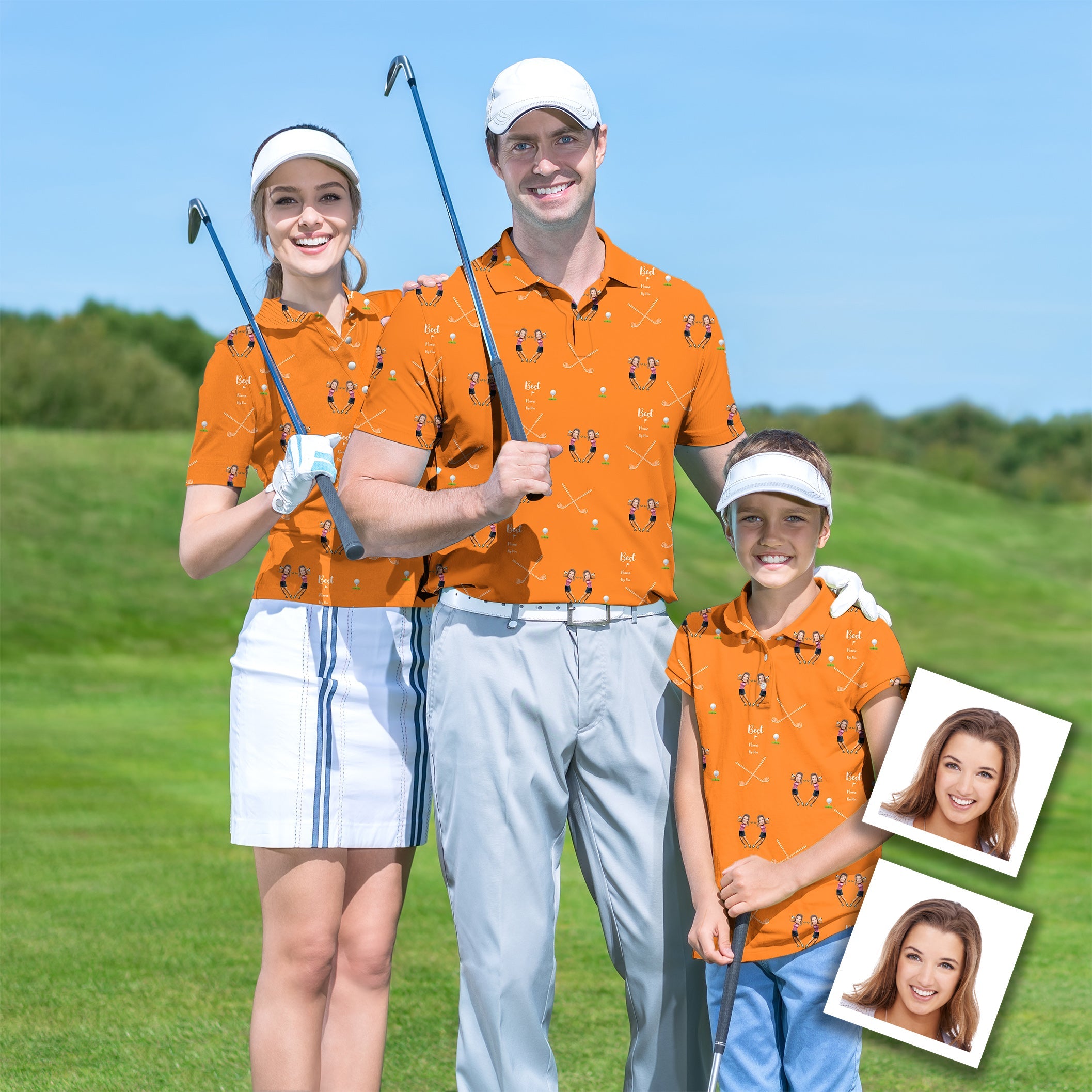 Family custom sister photo golf tournament trophy with personalized orange polo shirts on family playing golf