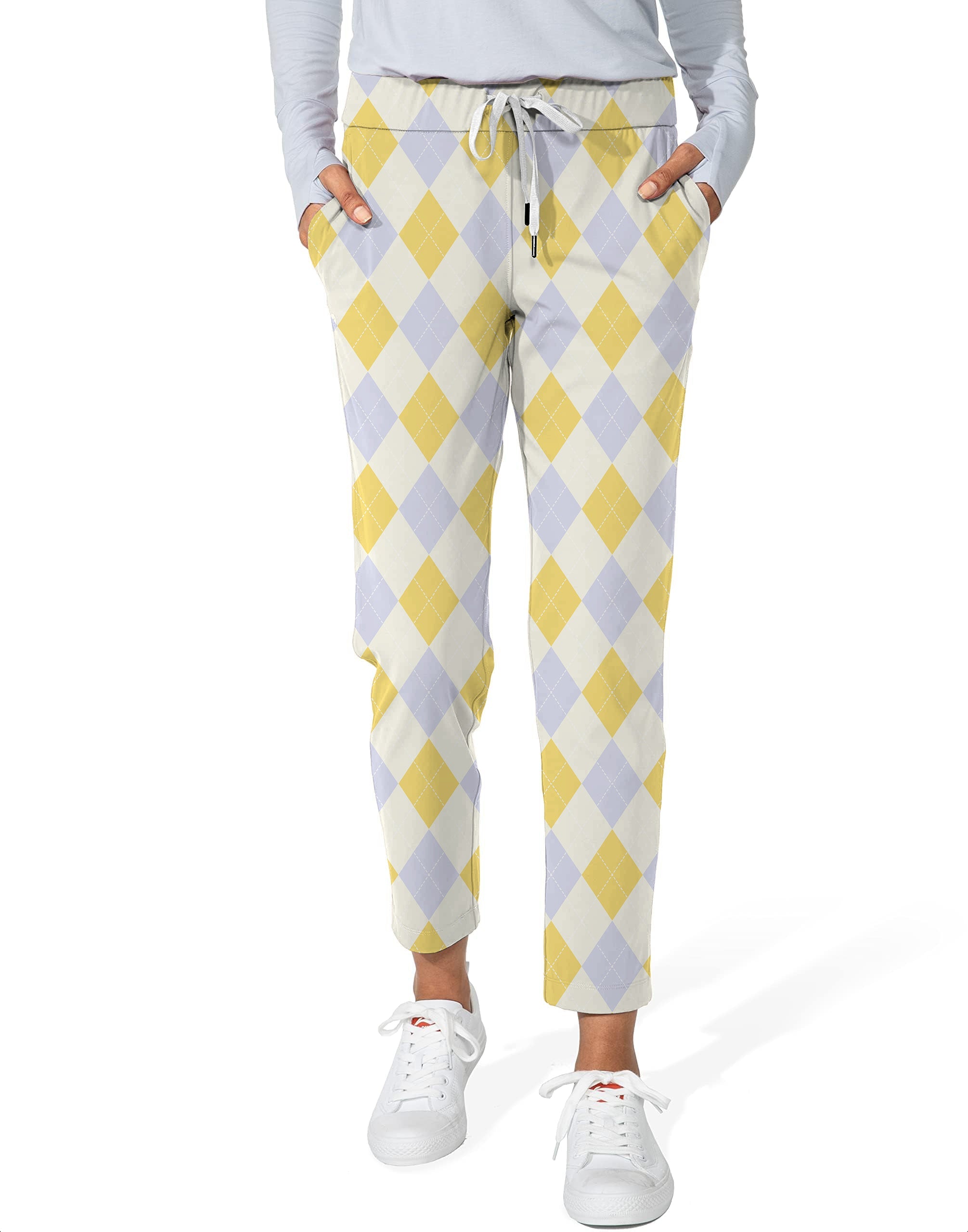 Yollow Argyle women's 7/8 stretch ankle golf pants with yellow and gray argyle pattern